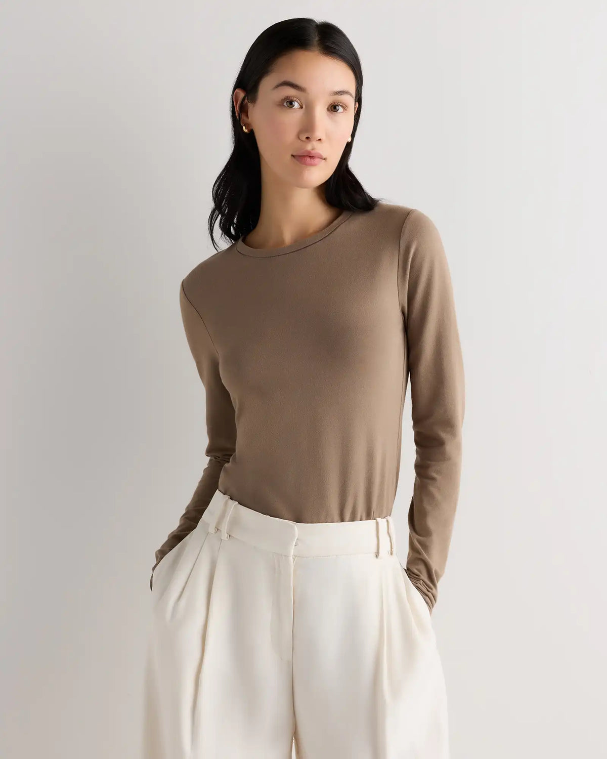 Stretch Cotton Jersey Fitted Long Sleeve T-Shirt