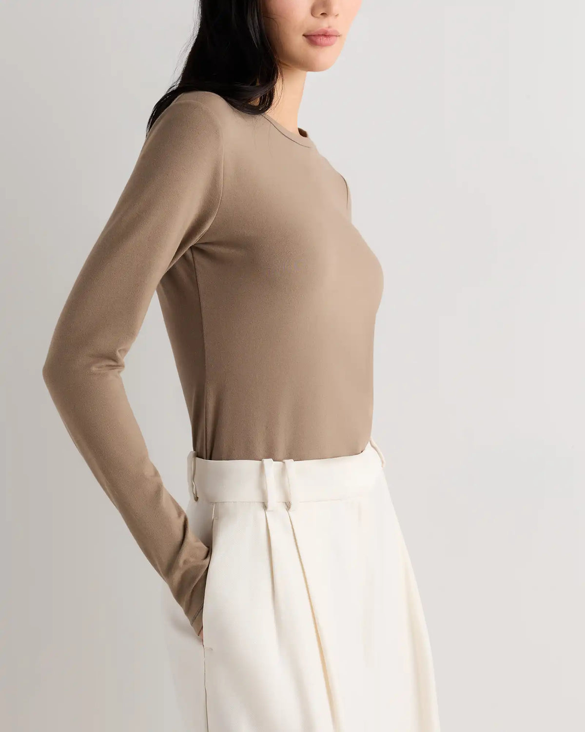 Stretch Cotton Jersey Fitted Long Sleeve T-Shirt