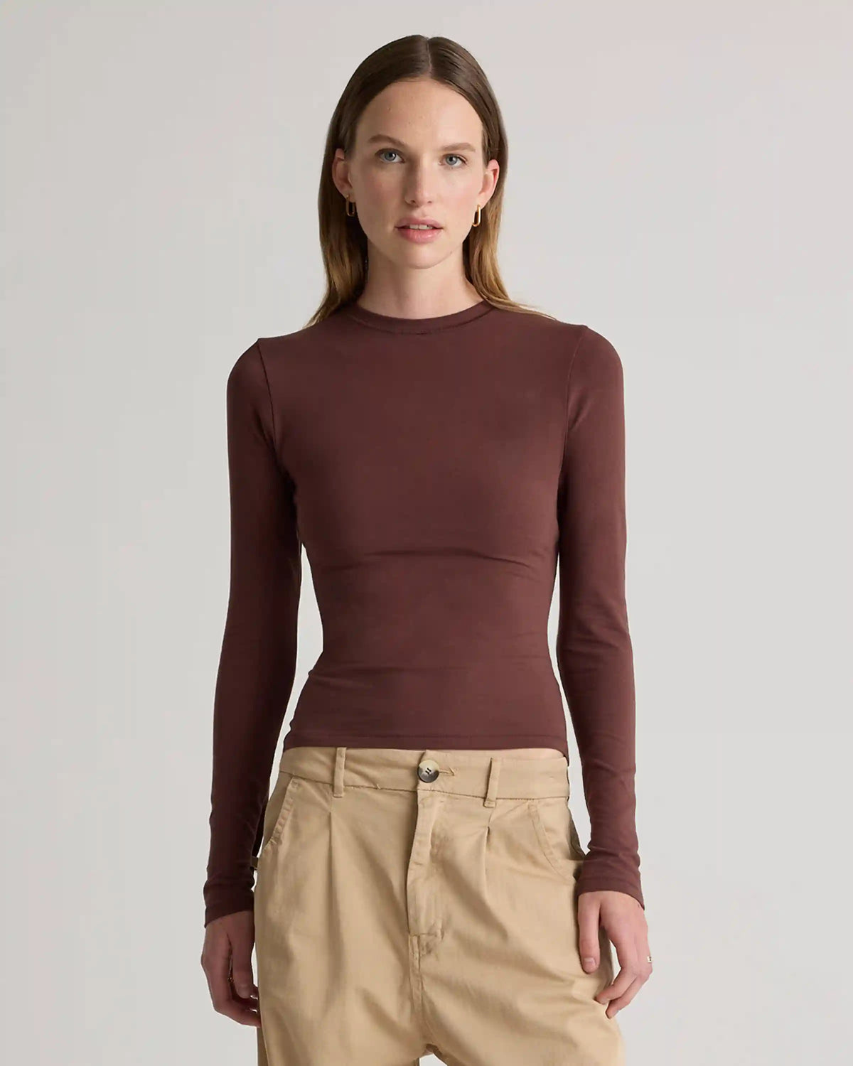 Stretch Cotton Jersey Fitted Long Sleeve T-Shirt