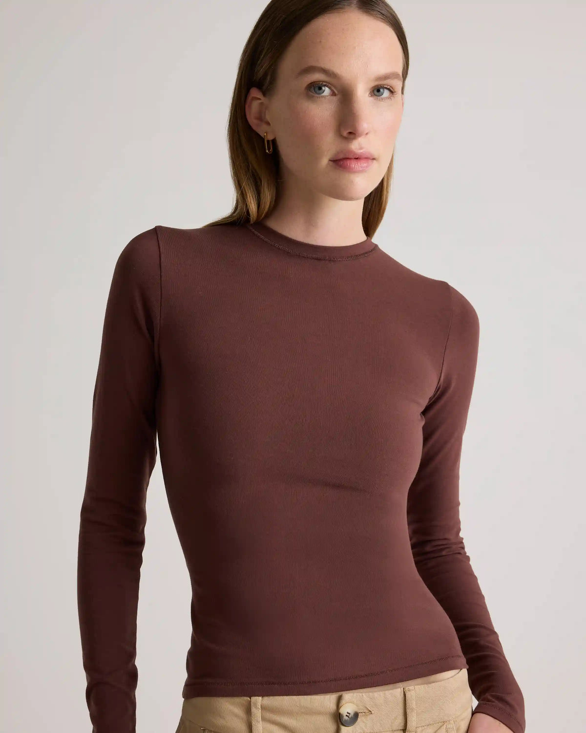 Stretch Cotton Jersey Fitted Long Sleeve T-Shirt