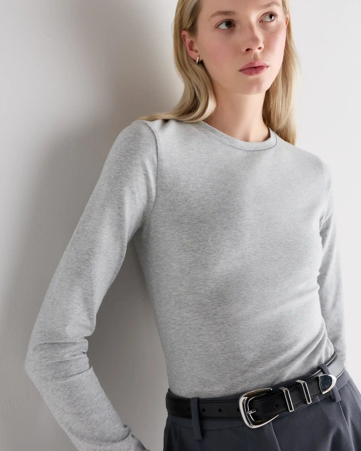 Stretch Cotton Jersey Fitted Long Sleeve T-Shirt