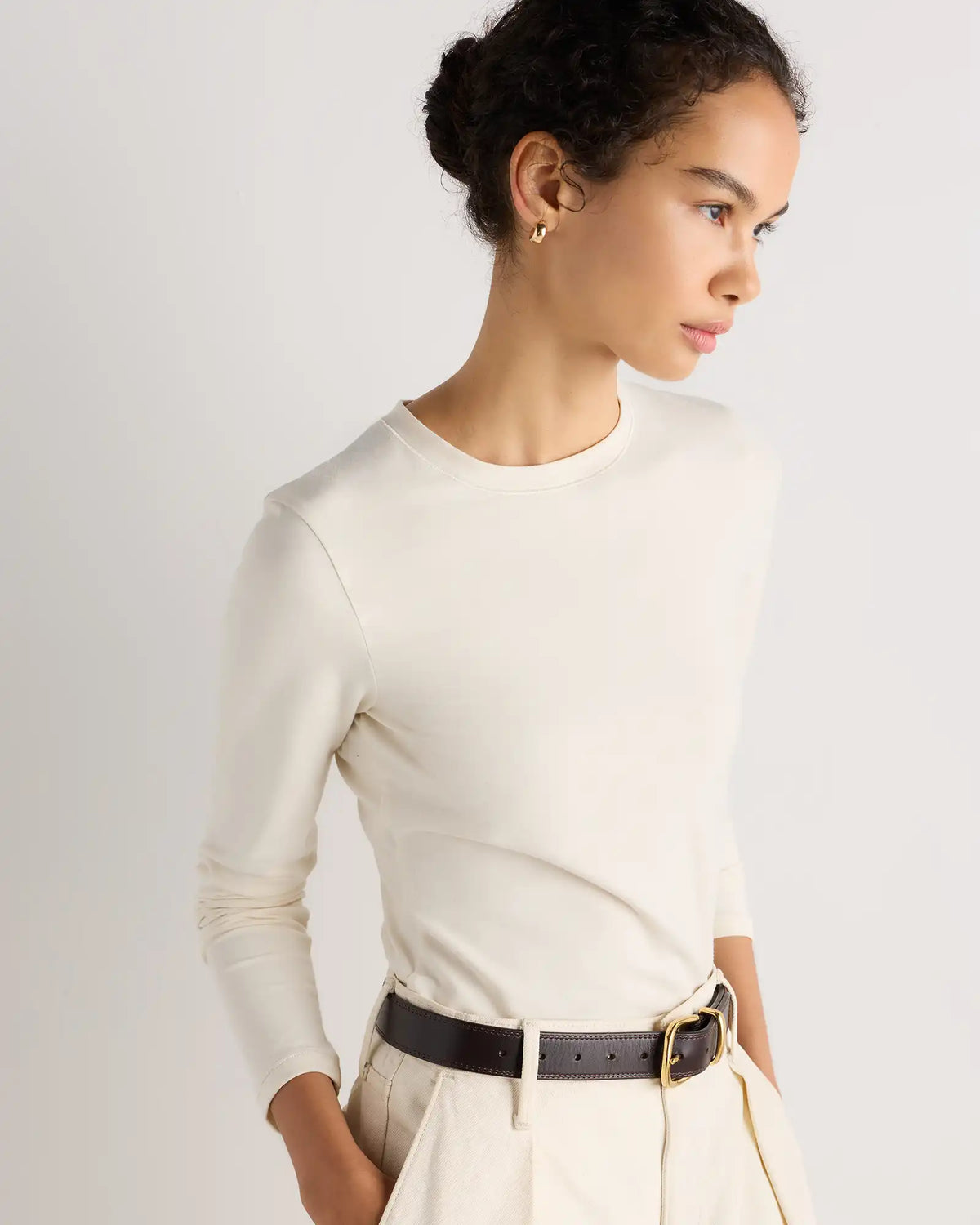 Stretch Cotton Jersey Fitted Long Sleeve T-Shirt