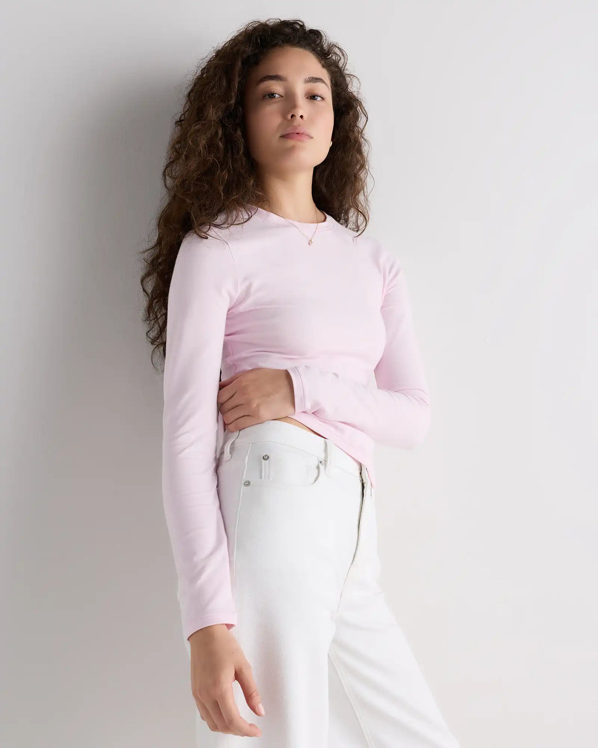 Stretch Cotton Jersey Fitted Long Sleeve T-Shirt