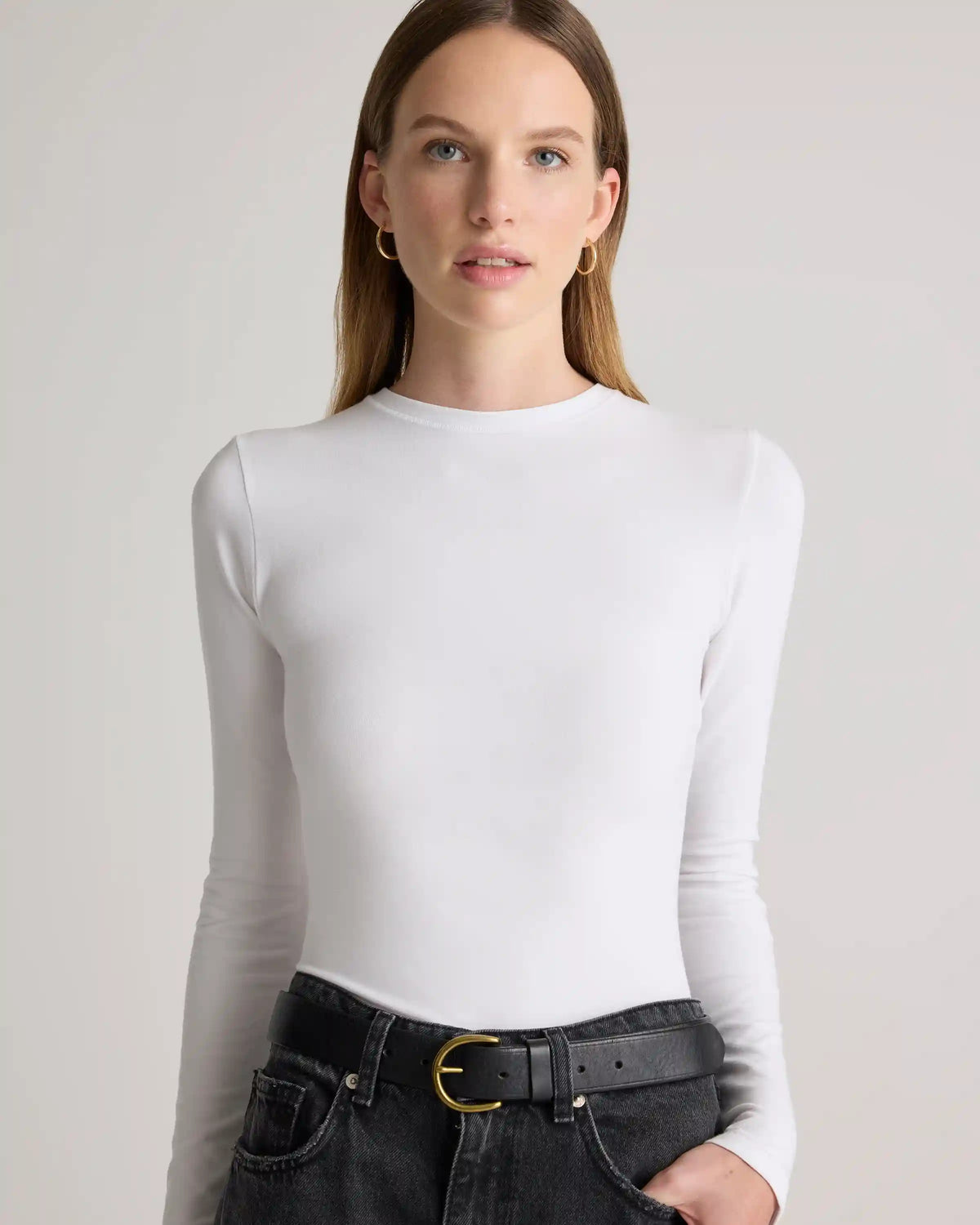 Stretch Cotton Jersey Fitted Long Sleeve T-Shirt