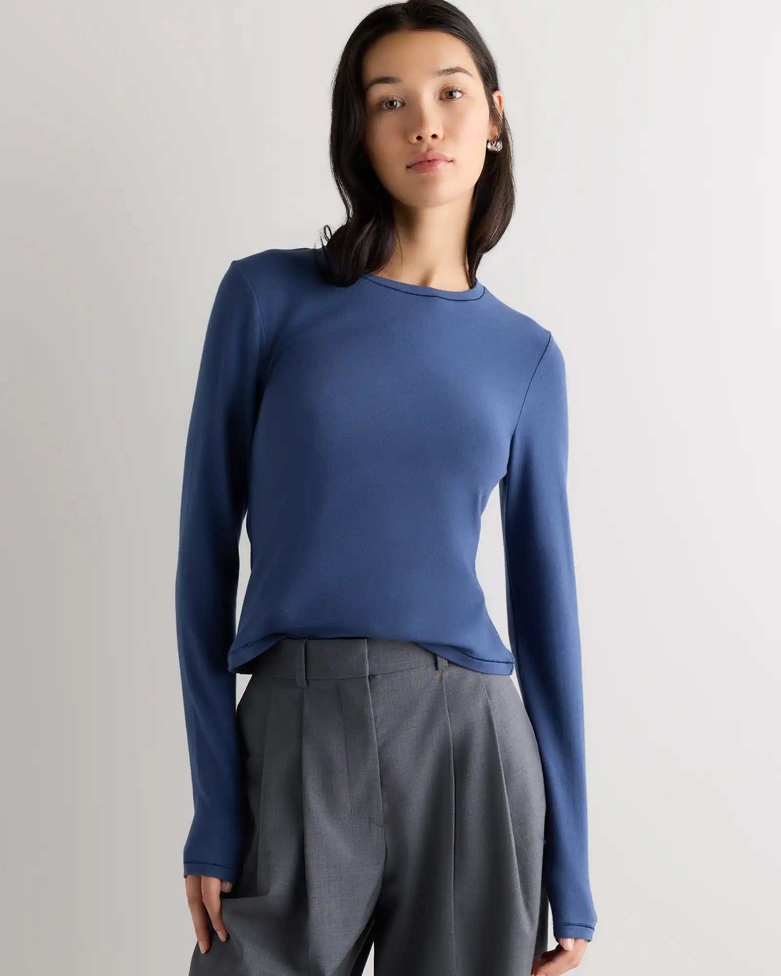 Stretch Cotton Jersey Fitted Long Sleeve T-Shirt