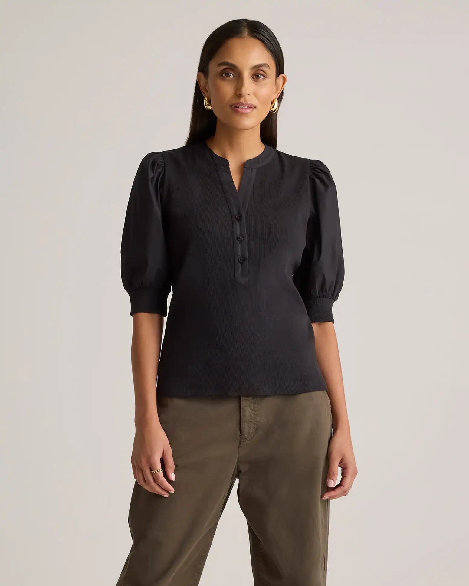 Cotton Mixed Media Puff Sleeve Top