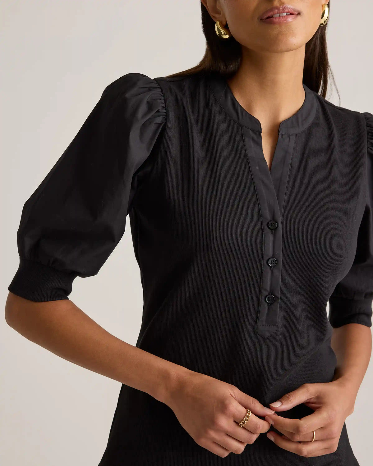 Cotton Mixed Media Puff Sleeve Top