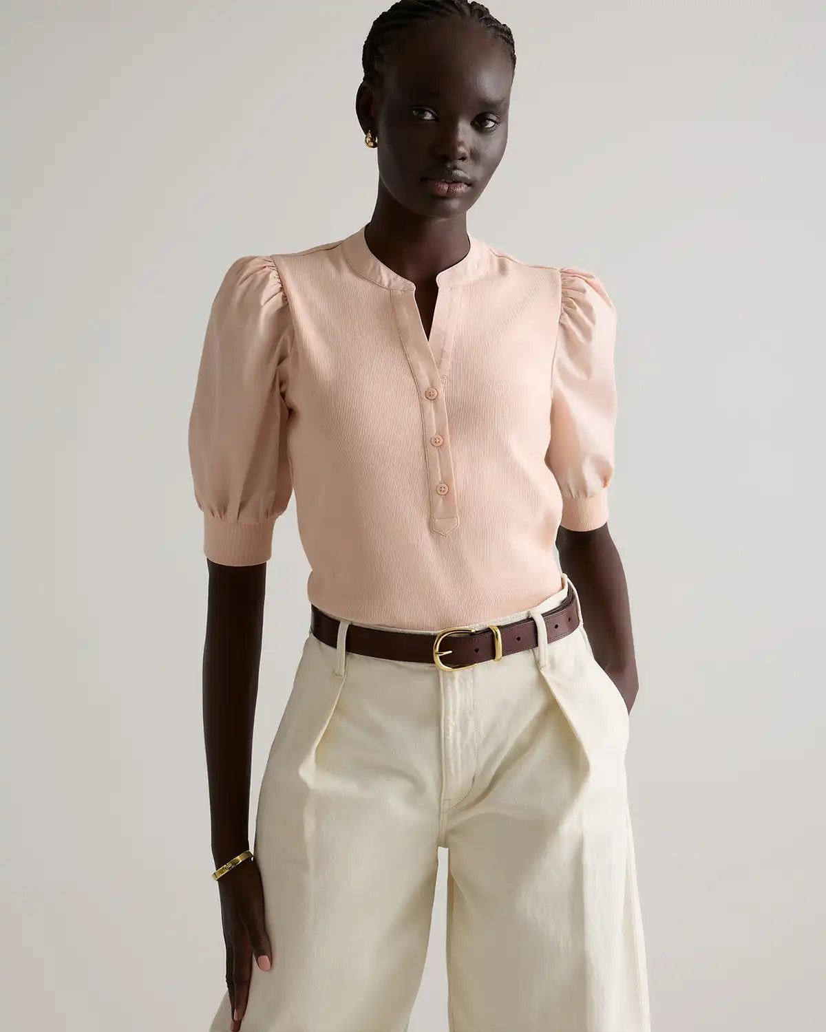 Cotton Mixed Media Puff Sleeve Top