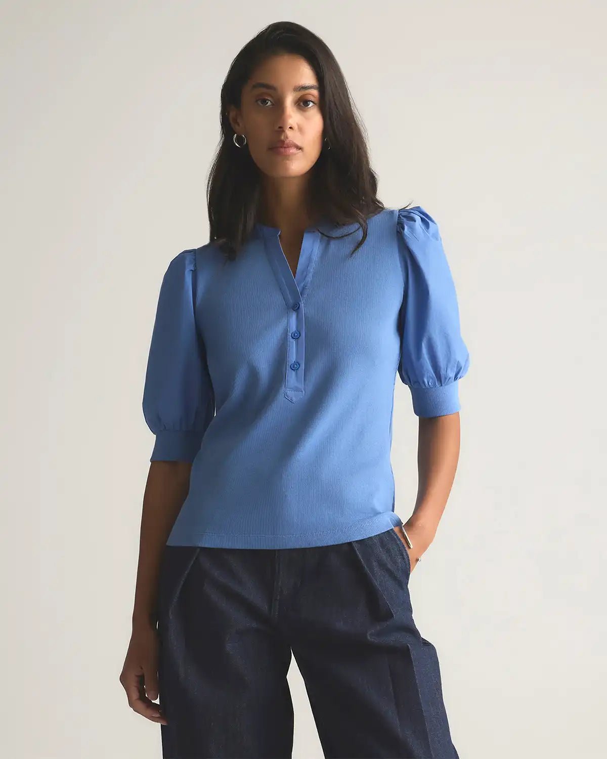 Cotton Mixed Media Puff Sleeve Top