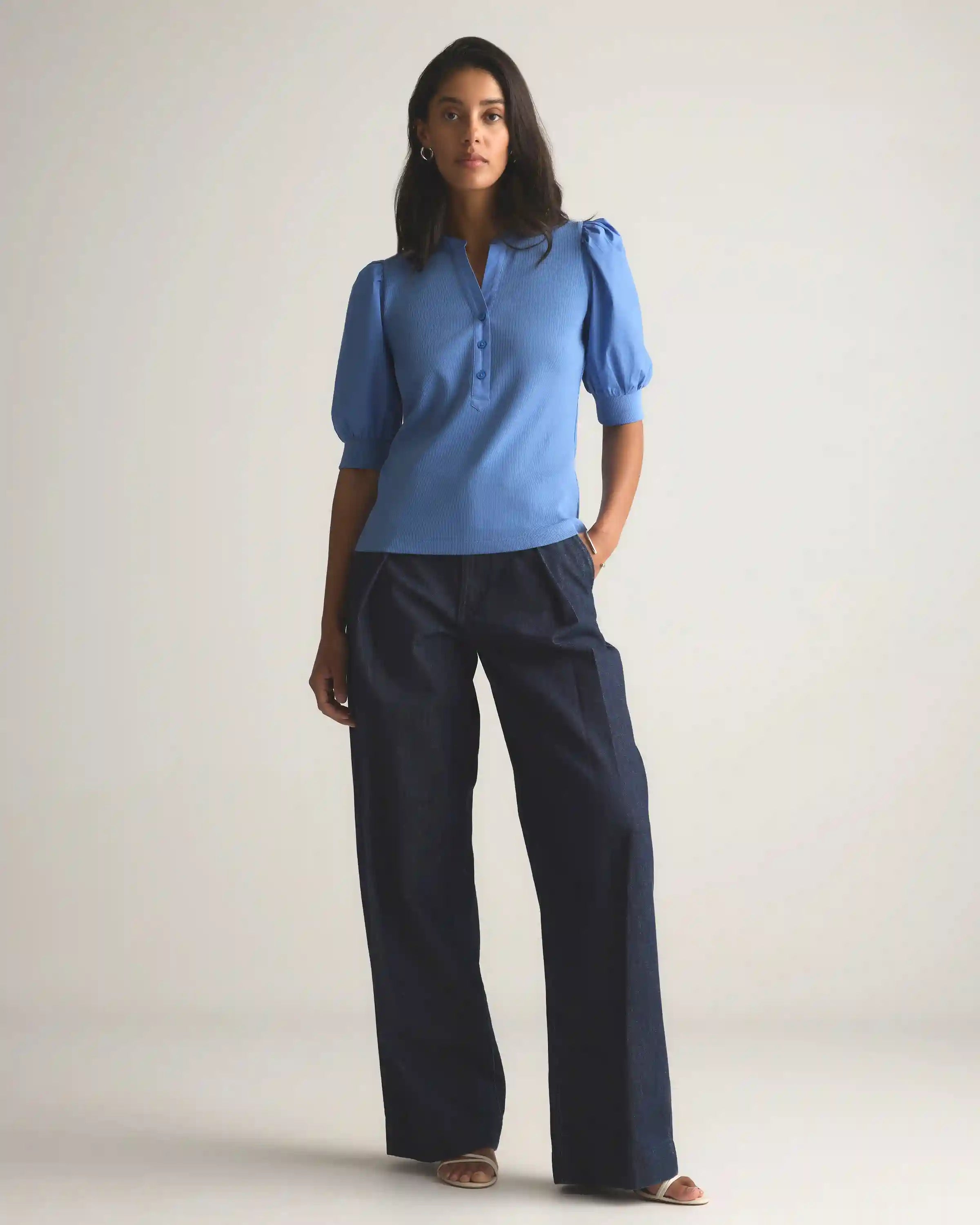 Cotton Mixed Media Puff Sleeve Top