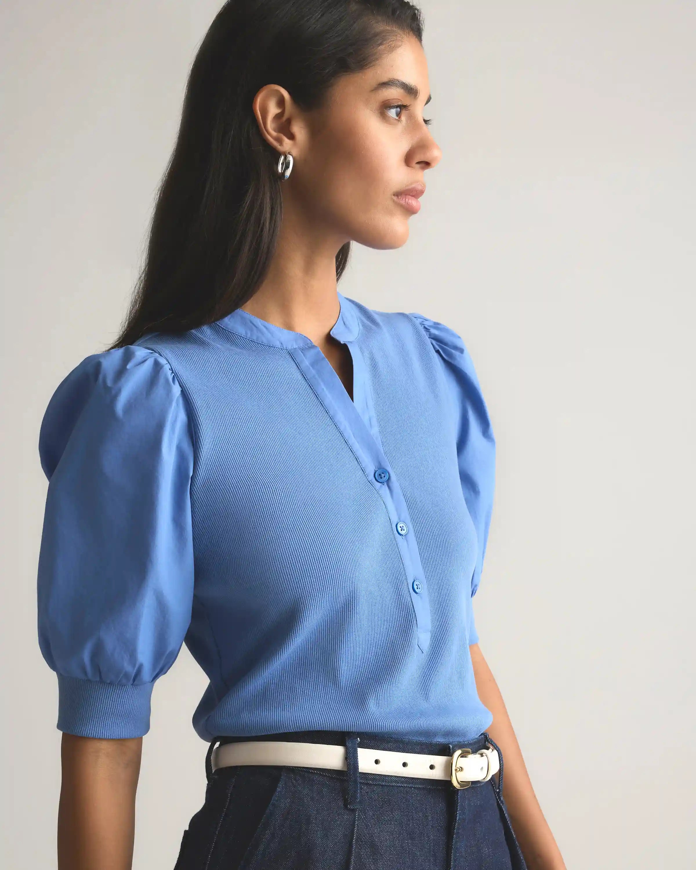 Cotton Mixed Media Puff Sleeve Top