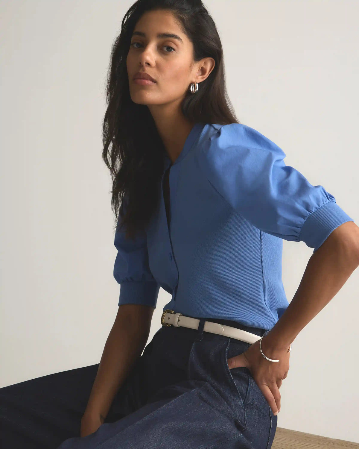 Cotton Mixed Media Puff Sleeve Top