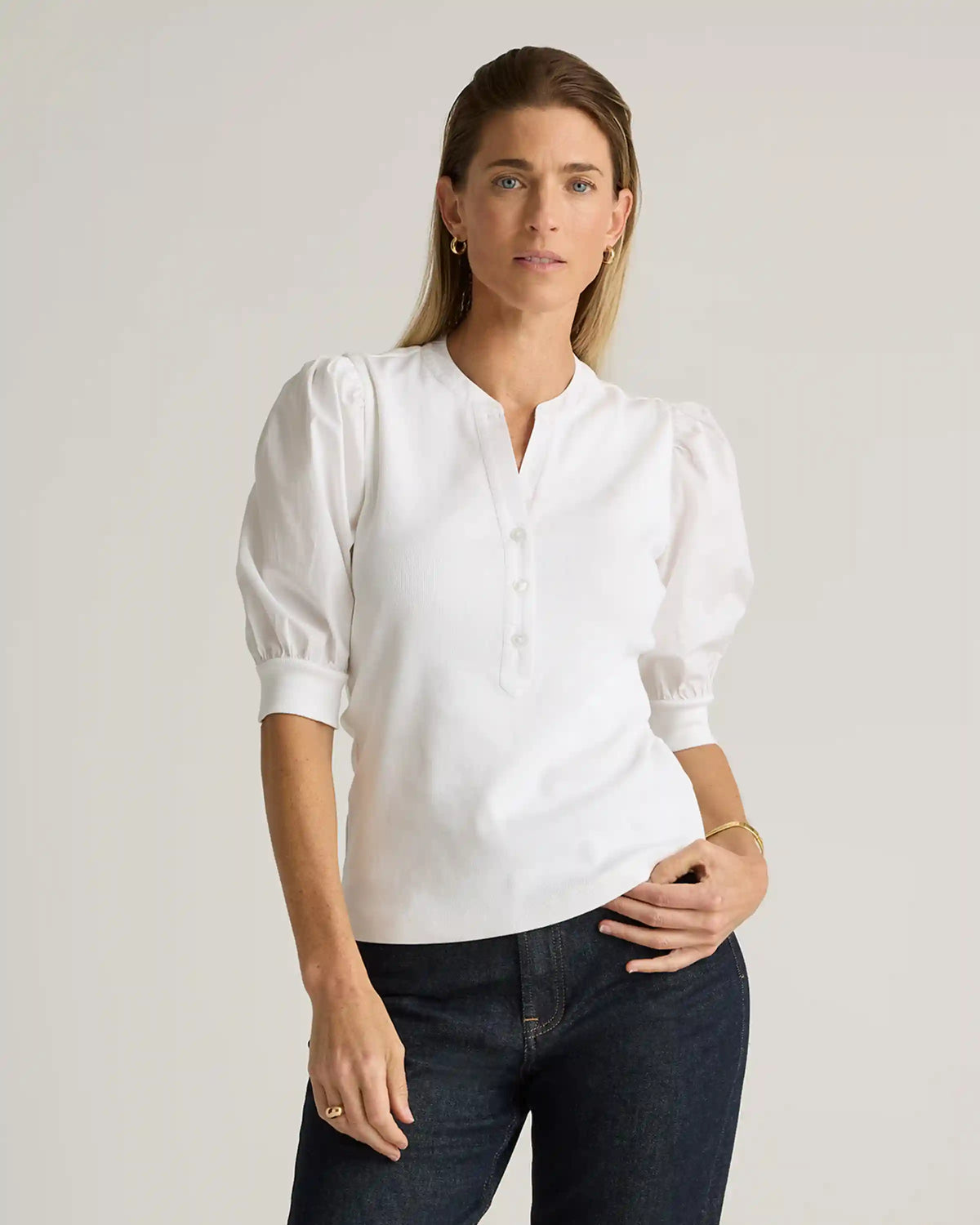 Cotton Mixed Media Puff Sleeve Top