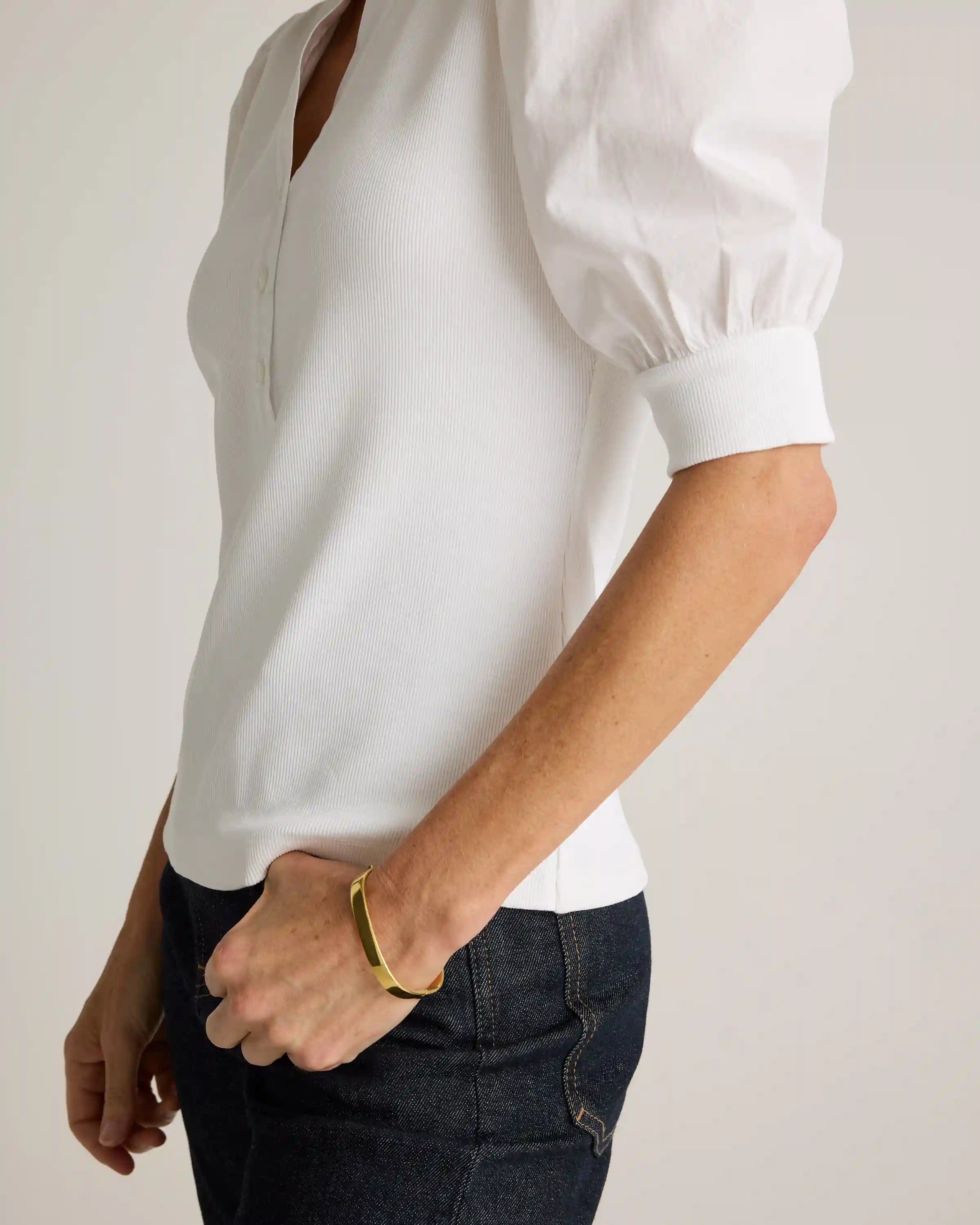 Cotton Mixed Media Puff Sleeve Top