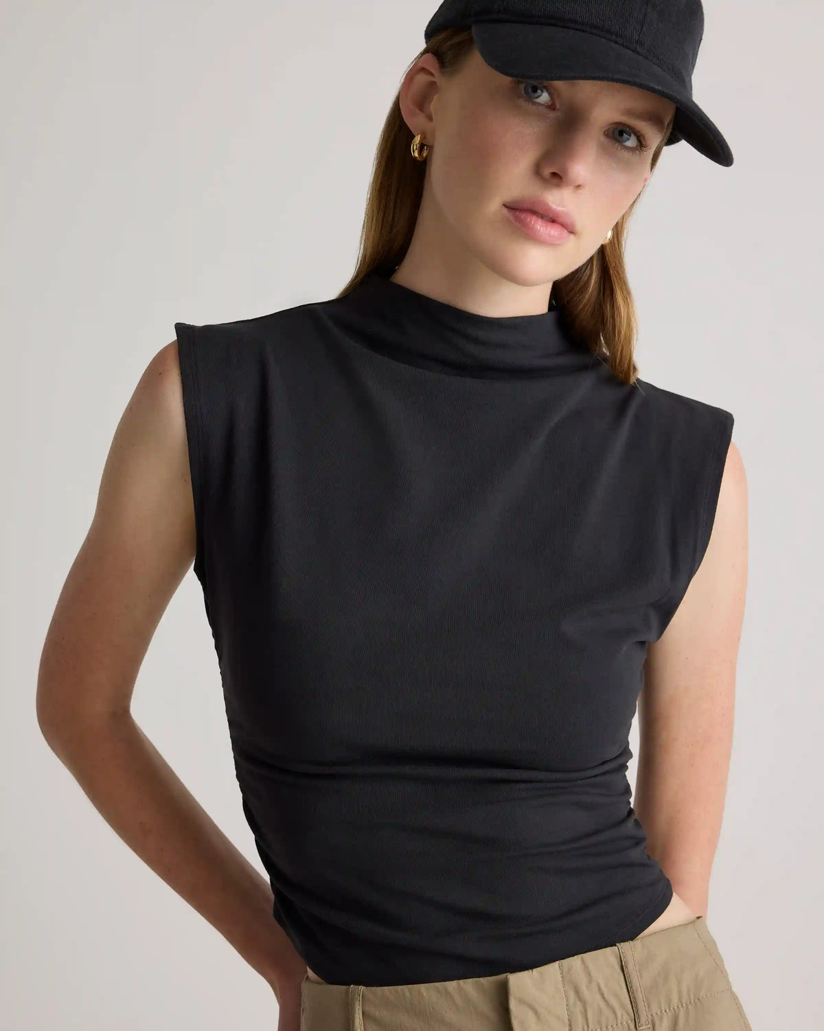 Stretch Cotton Jersey Sleeveless Mock Neck Top