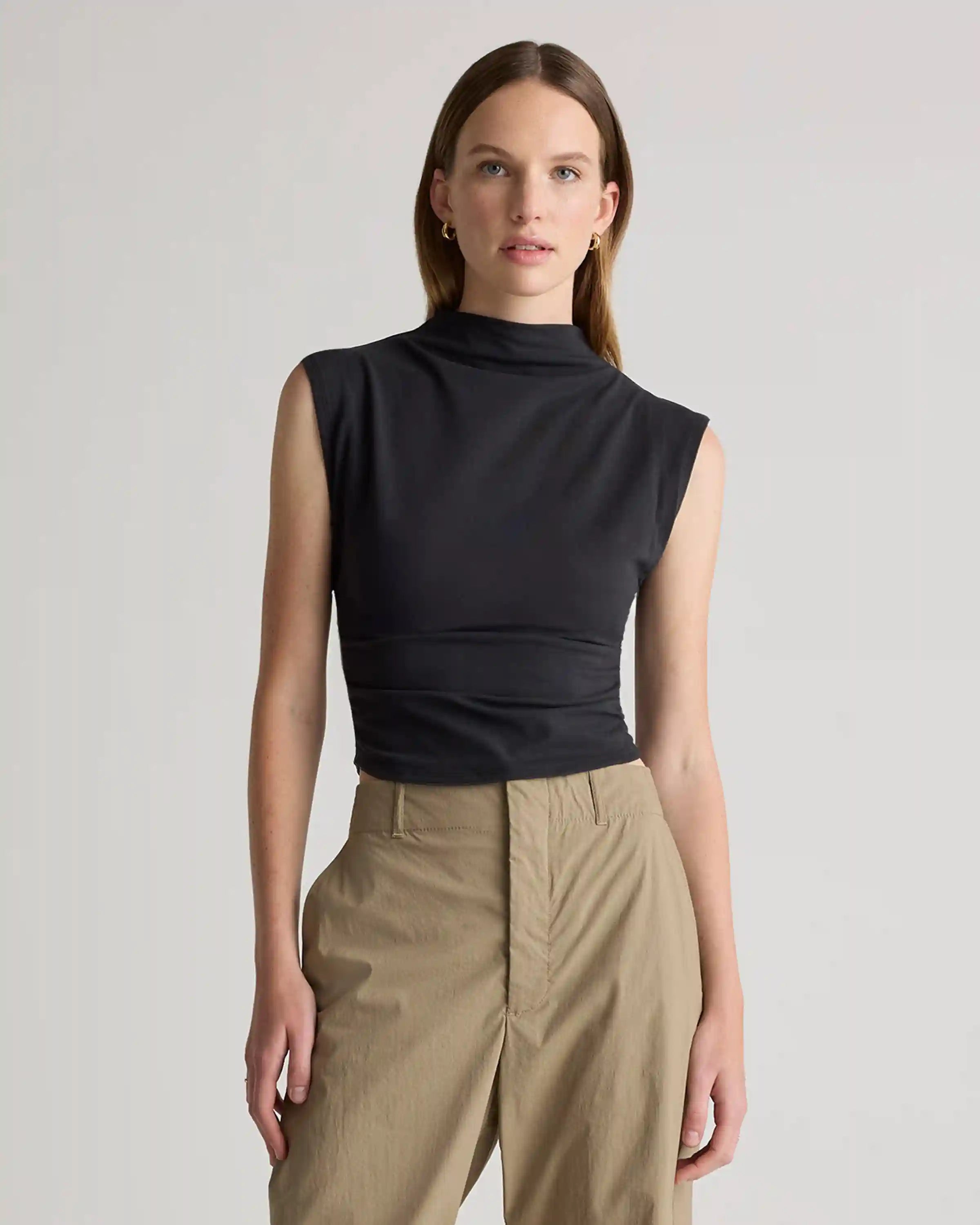 Stretch Cotton Jersey Sleeveless Mock Neck Top
