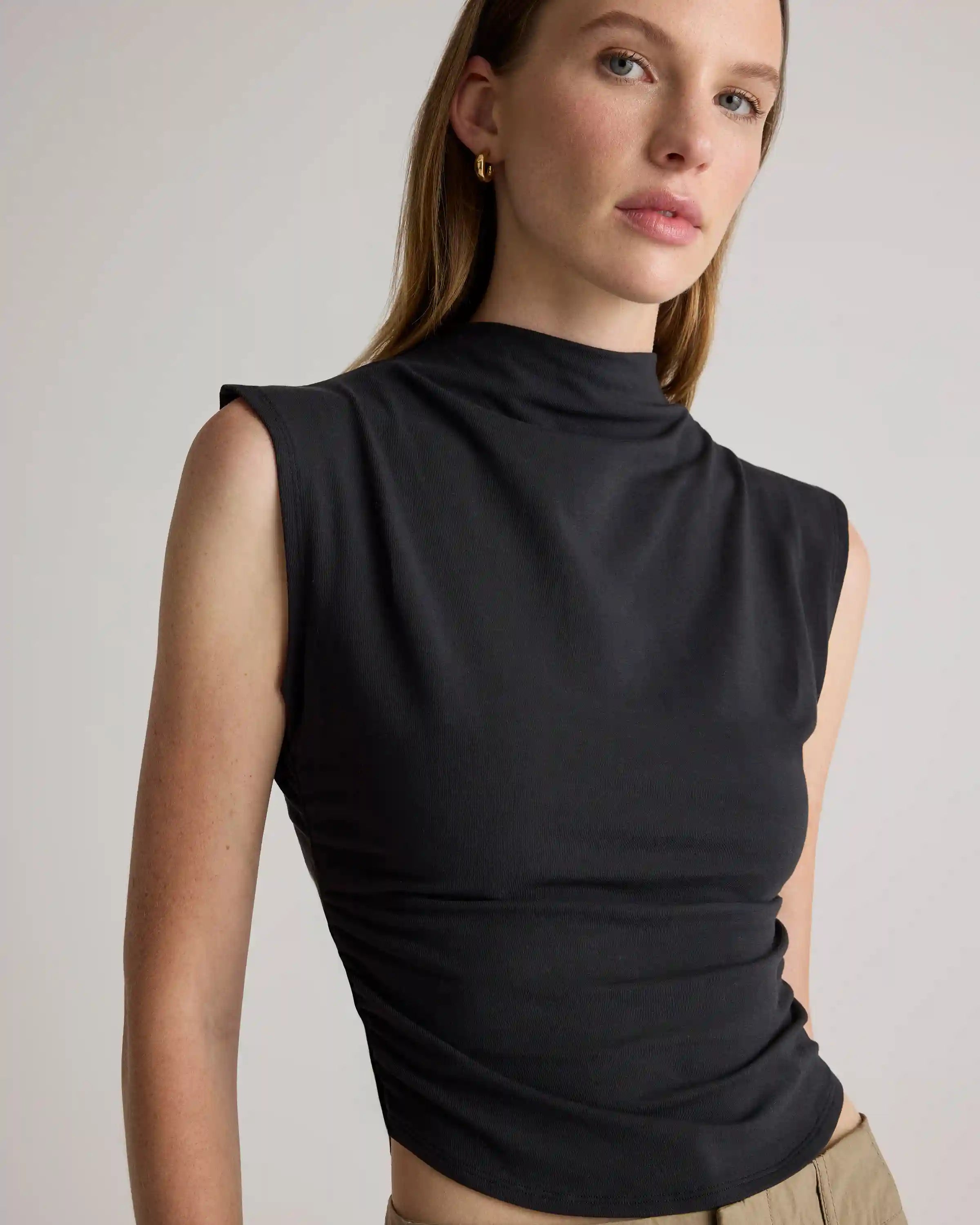 Stretch Cotton Jersey Sleeveless Mock Neck Top