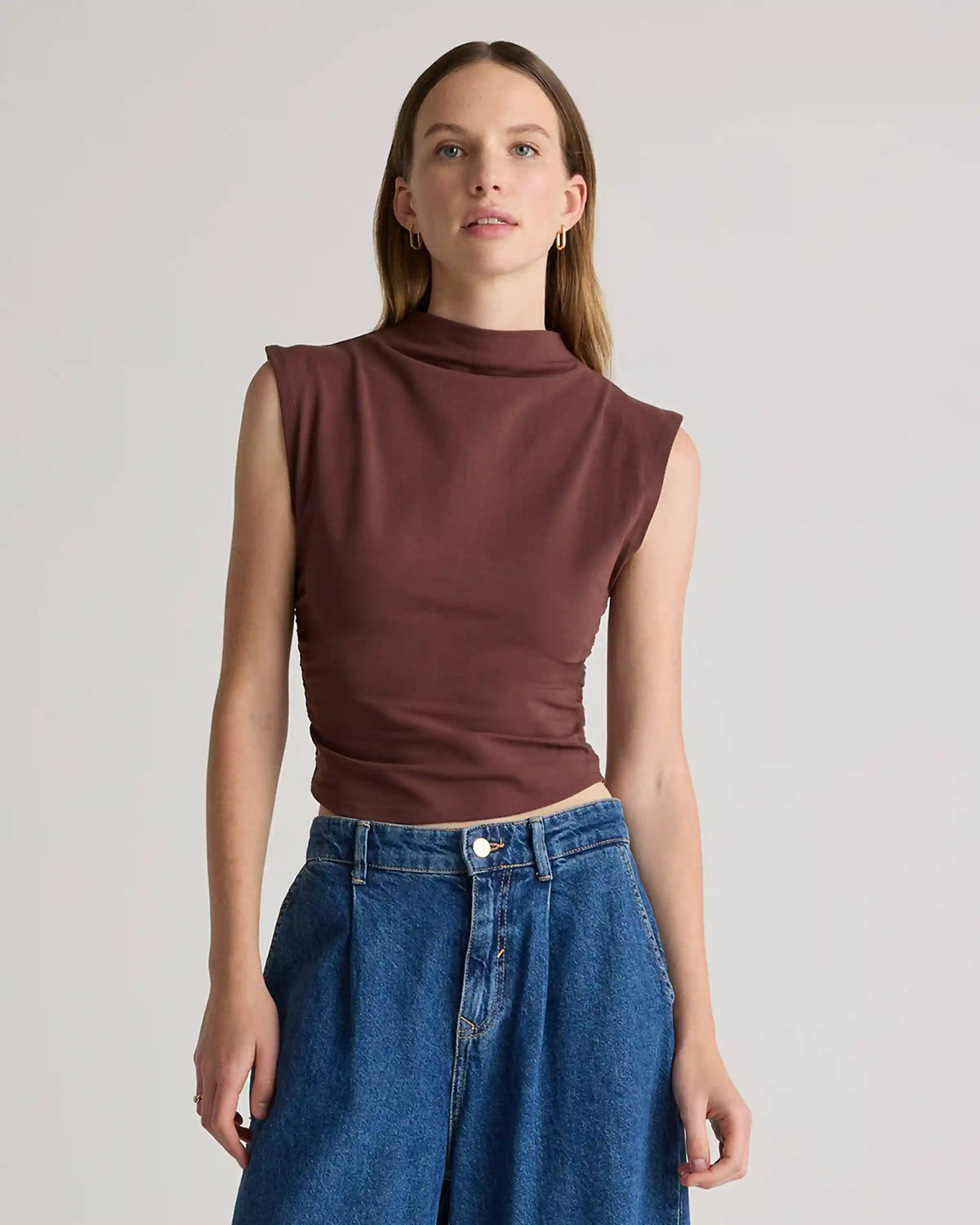Stretch Cotton Jersey Sleeveless Mock Neck Top