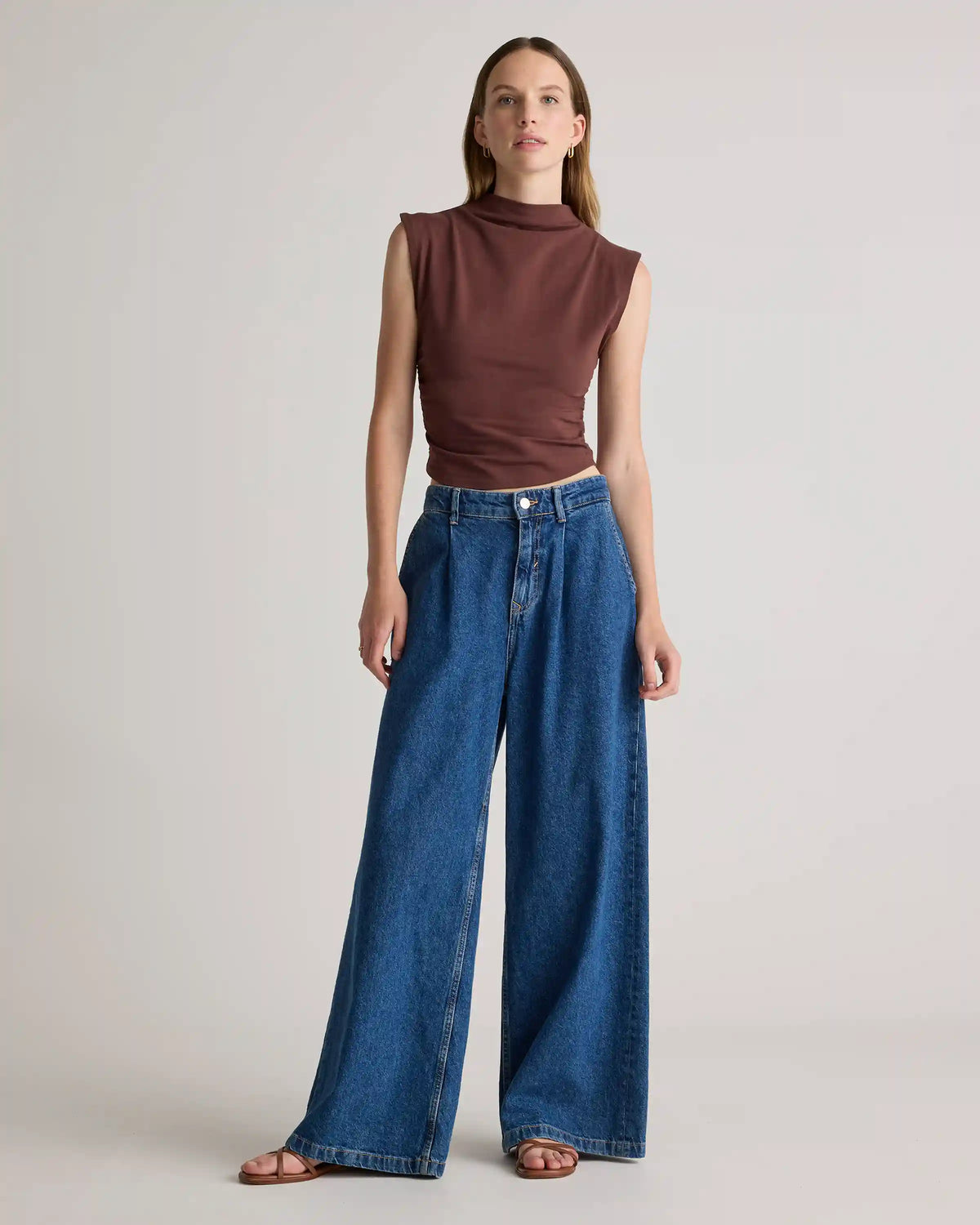 Stretch Cotton Jersey Sleeveless Mock Neck Top