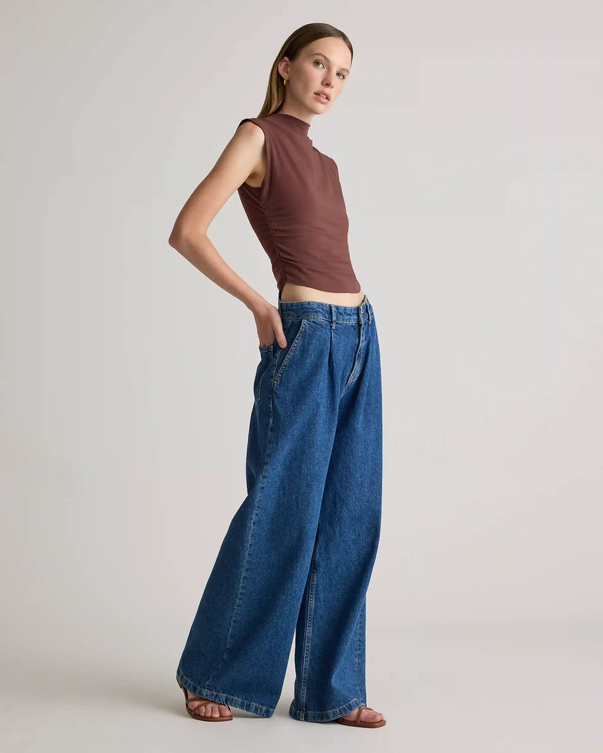 Stretch Cotton Jersey Sleeveless Mock Neck Top