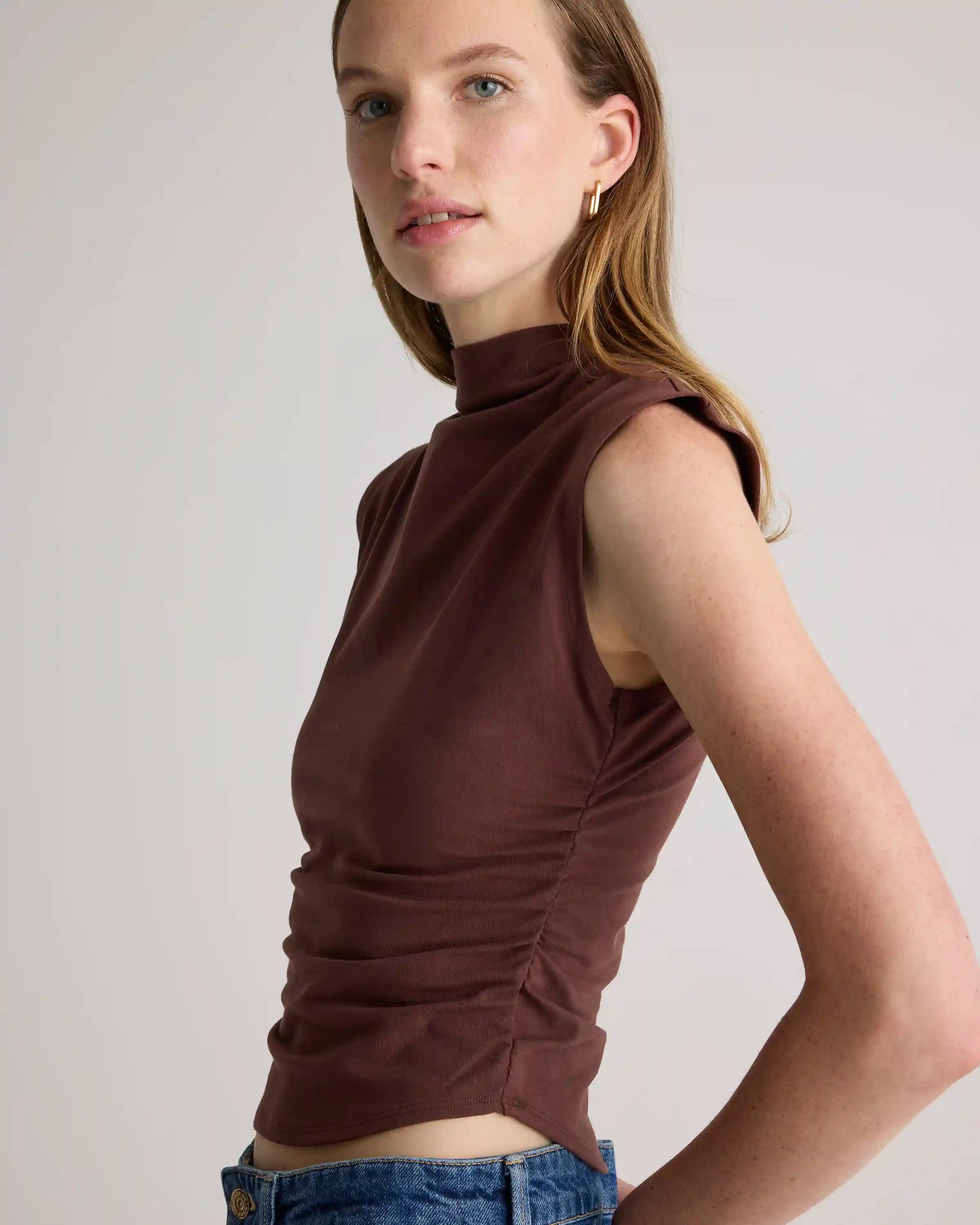 Stretch Cotton Jersey Sleeveless Mock Neck Top