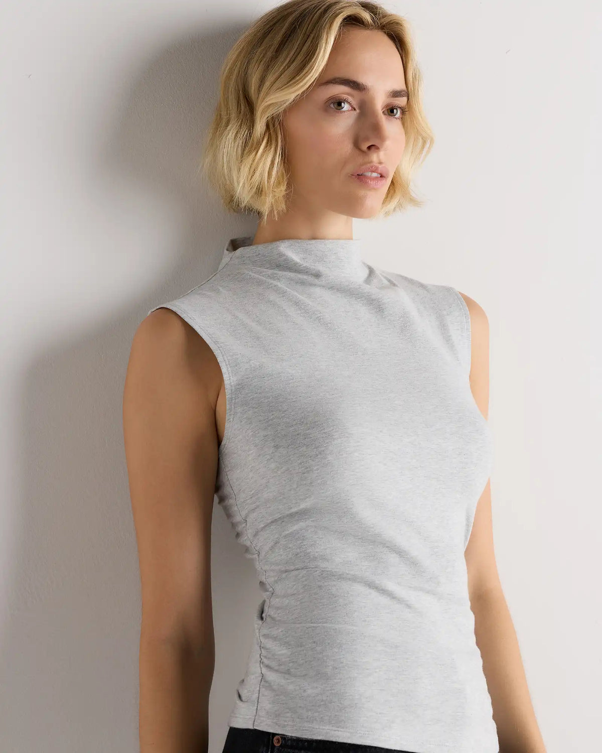Stretch Cotton Jersey Sleeveless Mock Neck Top