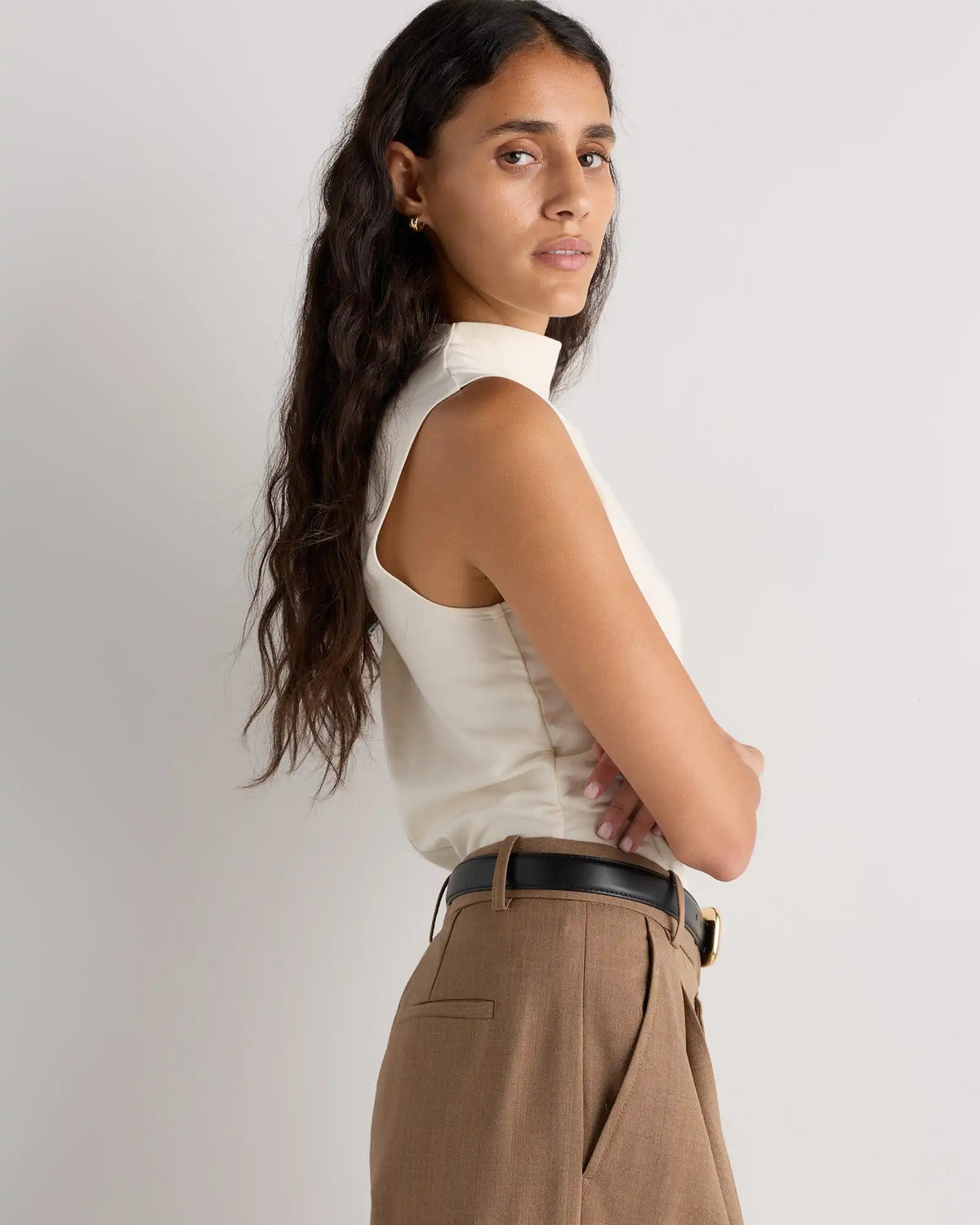 Stretch Cotton Jersey Sleeveless Mock Neck Top