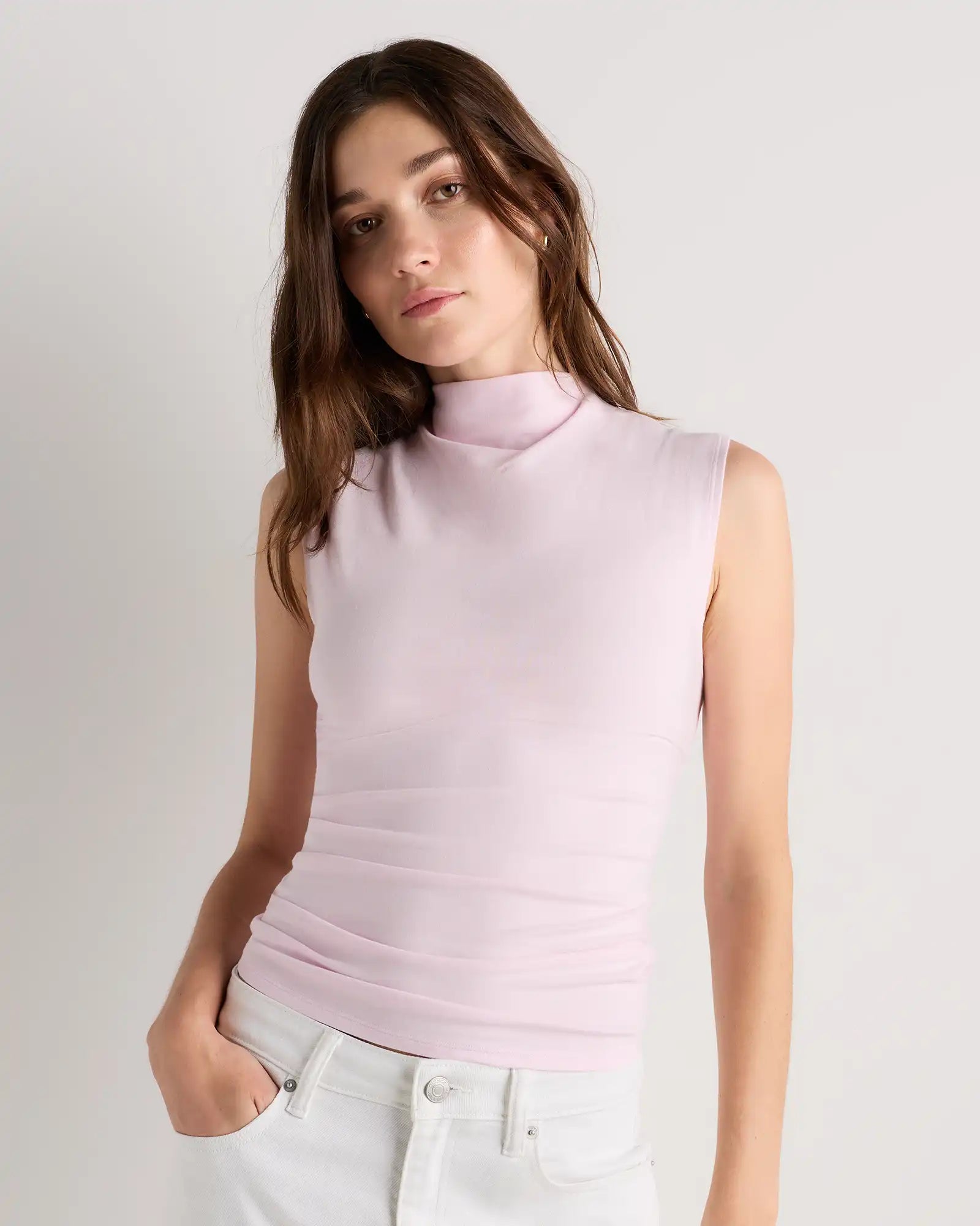Stretch Cotton Jersey Sleeveless Mock Neck Top