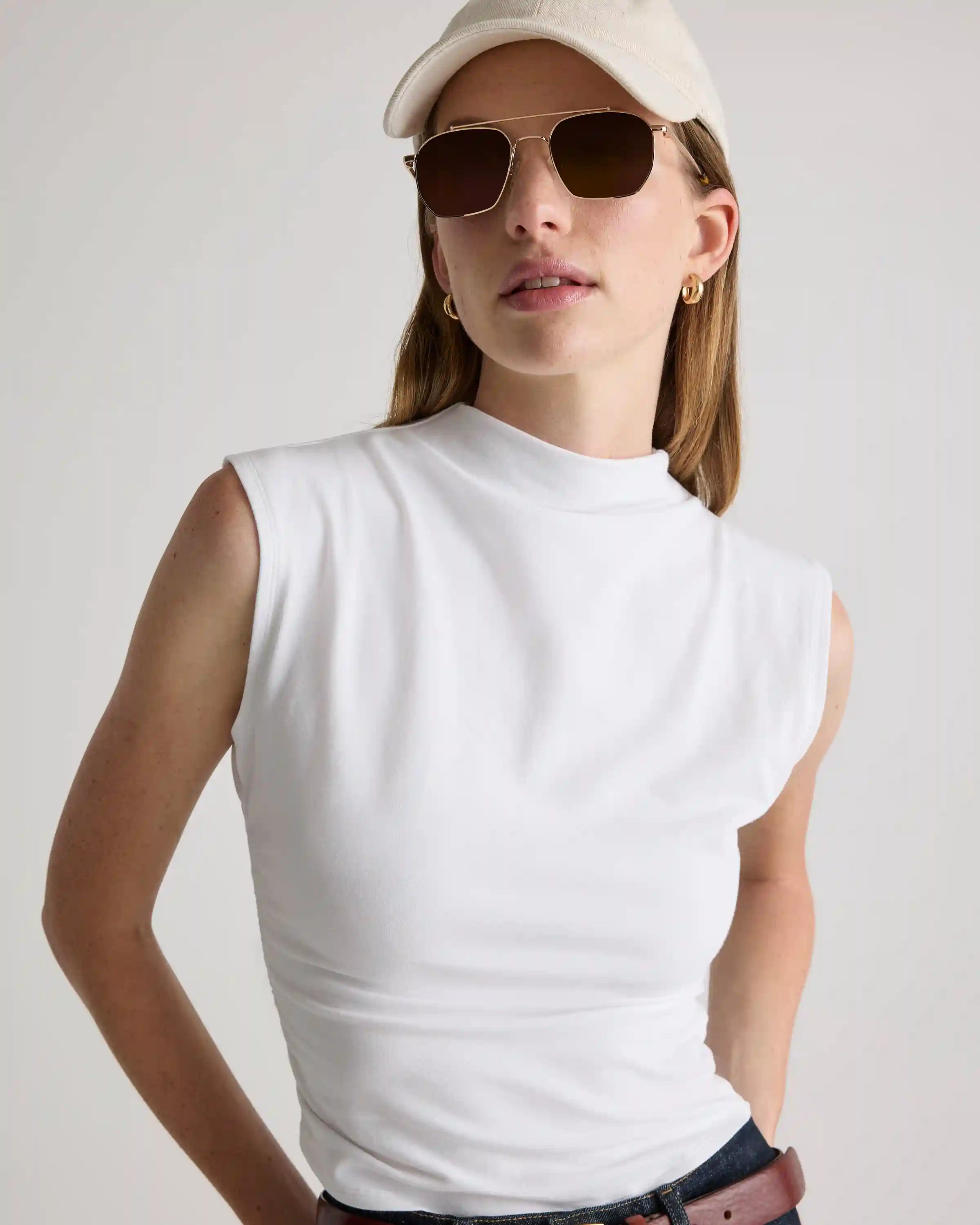 Stretch Cotton Jersey Sleeveless Mock Neck Top