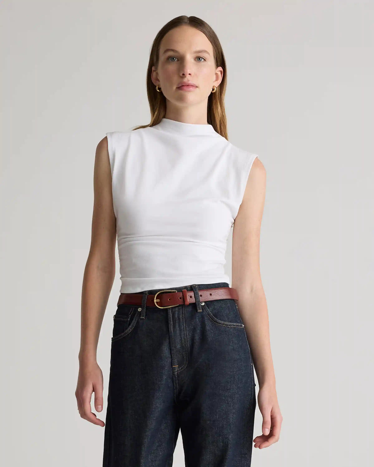 Stretch Cotton Jersey Sleeveless Mock Neck Top