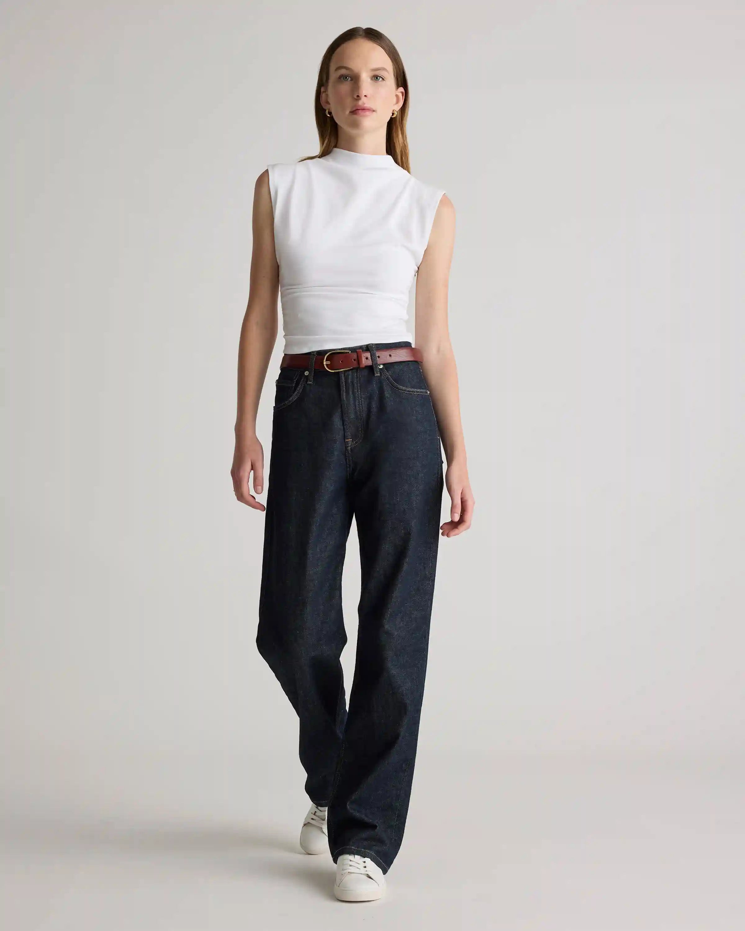 Stretch Cotton Jersey Sleeveless Mock Neck Top