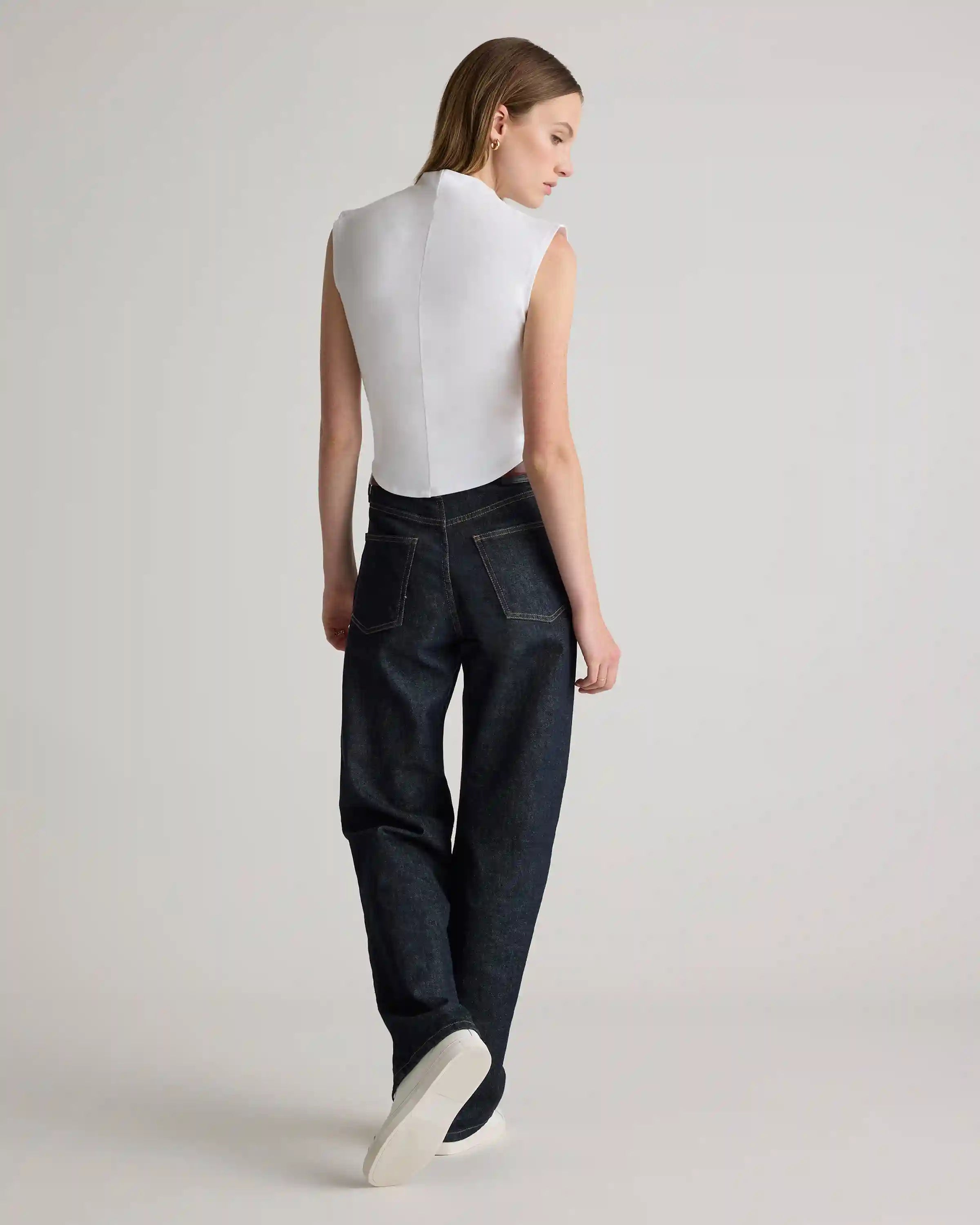 Stretch Cotton Jersey Sleeveless Mock Neck Top