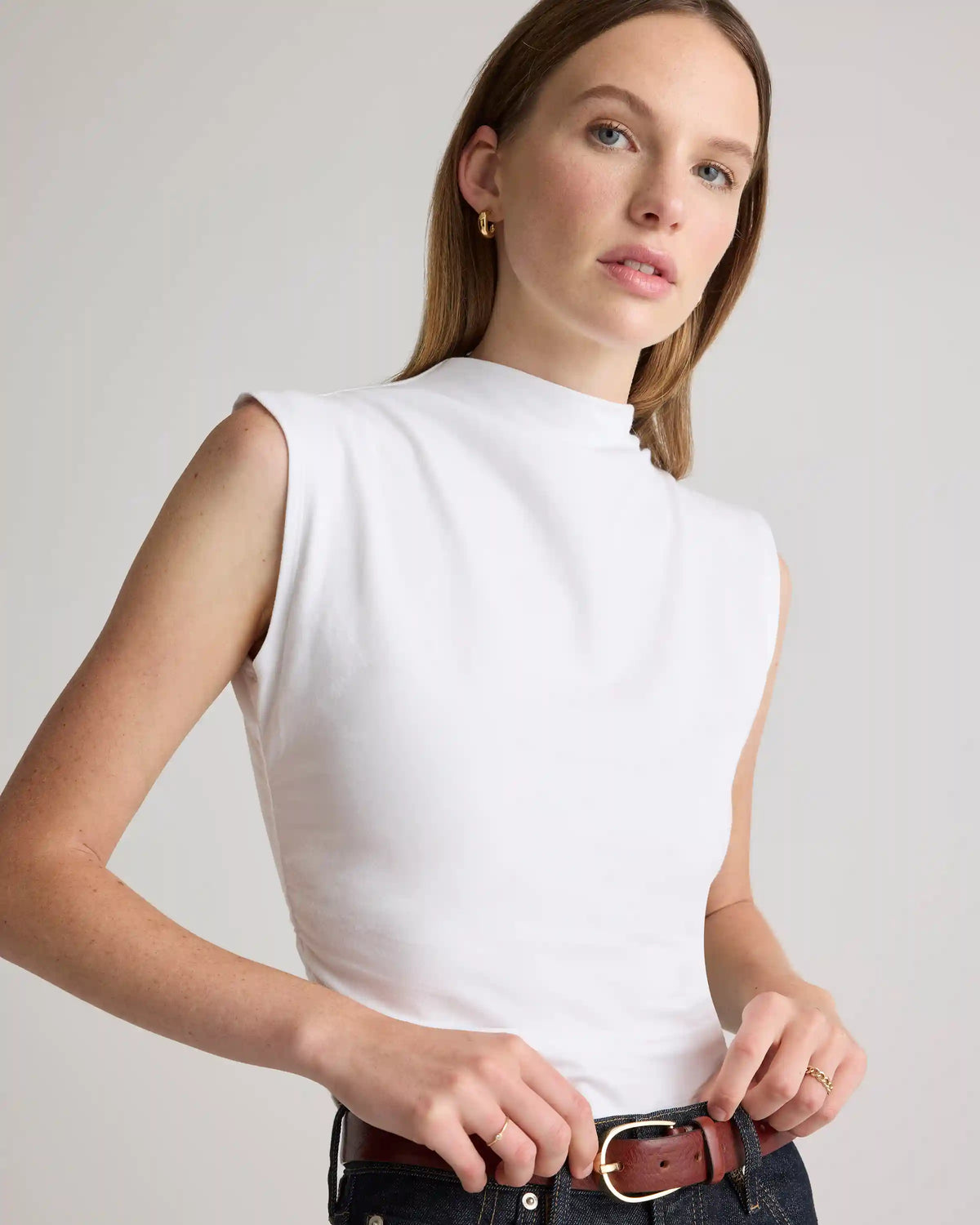 Stretch Cotton Jersey Sleeveless Mock Neck Top