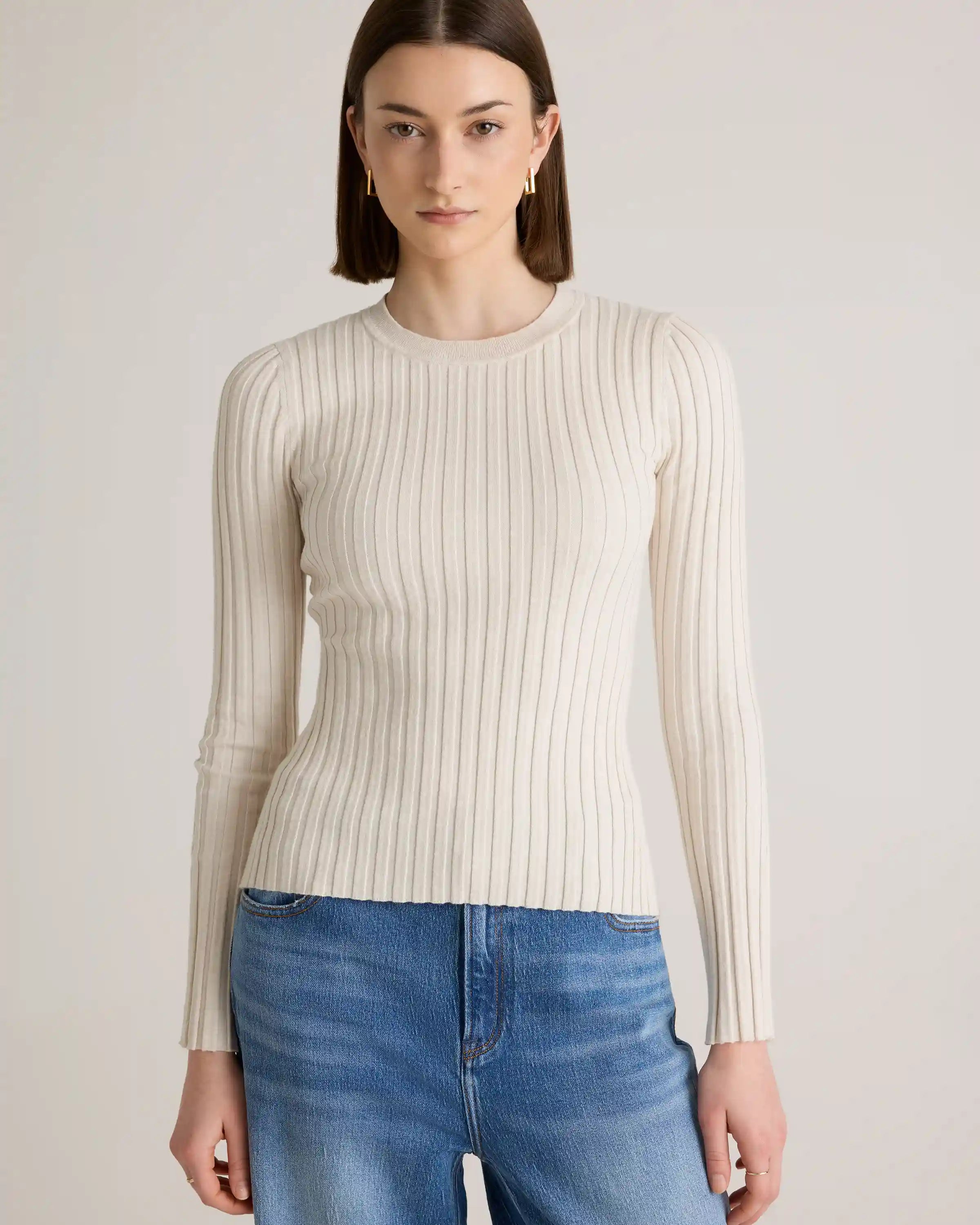 Cotton Cashmere Ribbed Long Sleeve Sweater