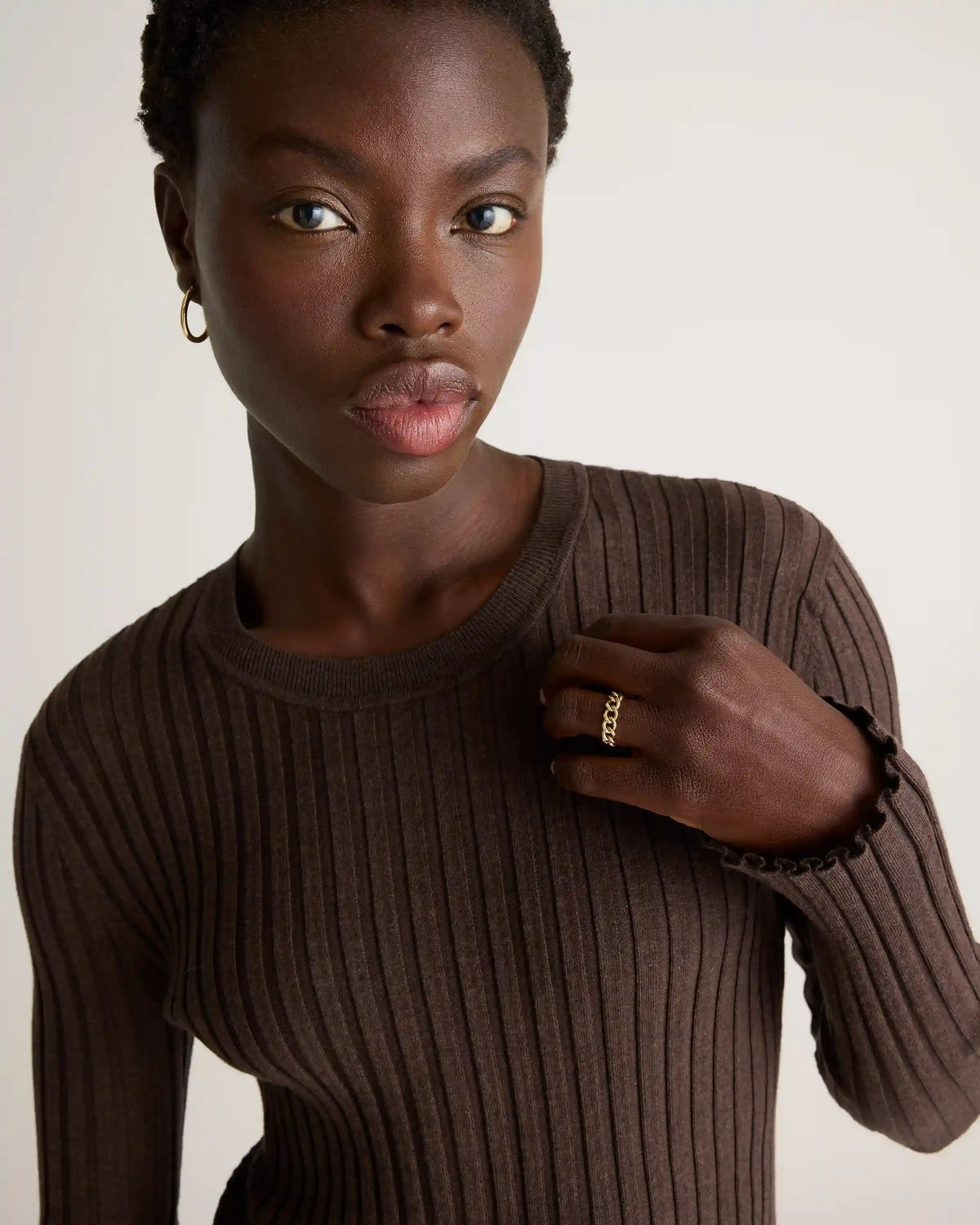 Cotton Cashmere Ribbed Long Sleeve Sweater