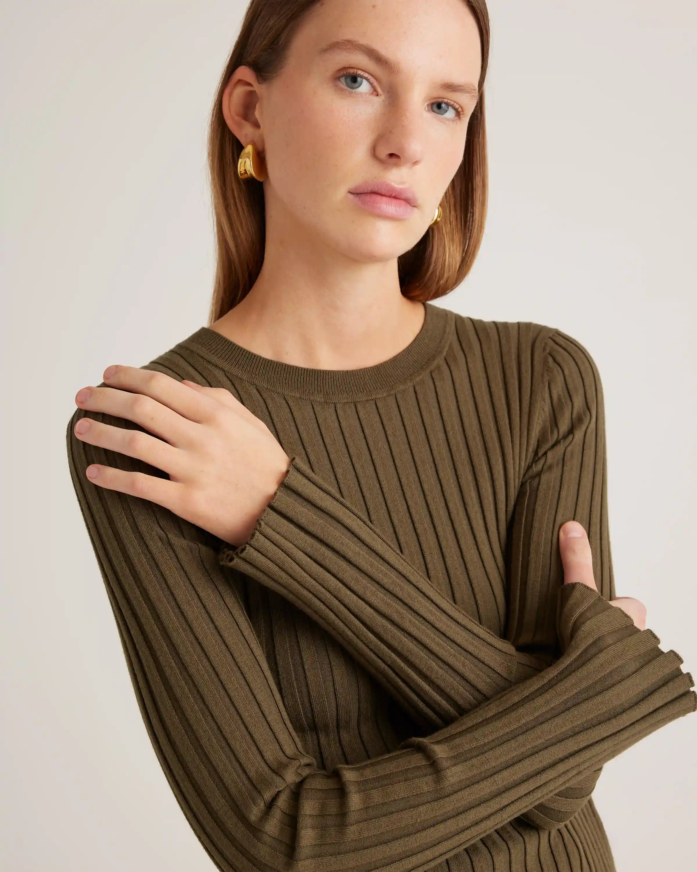 Cotton Cashmere Ribbed Long Sleeve Sweater
