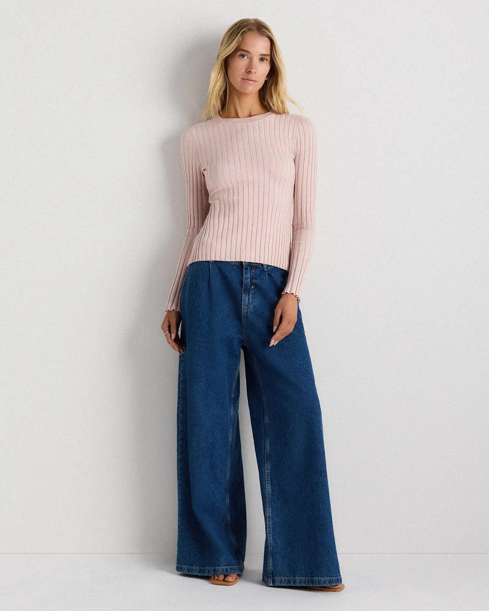 Cotton Cashmere Ribbed Long Sleeve Sweater