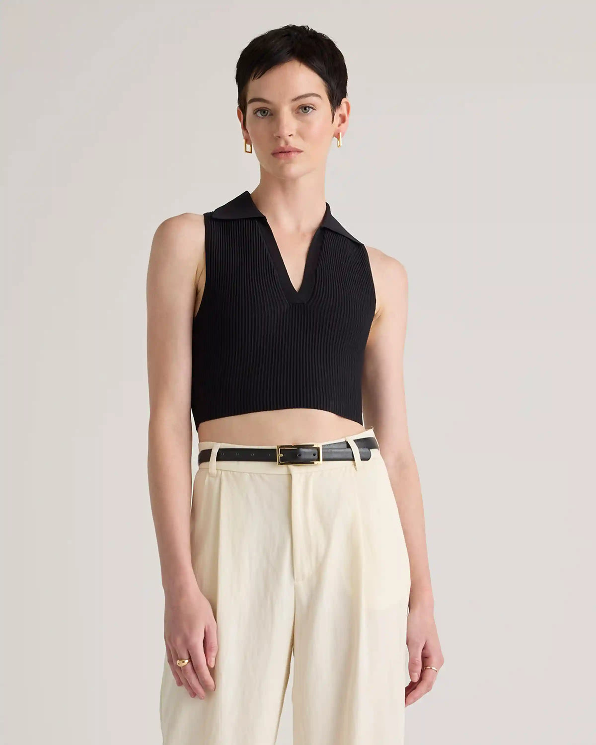 Cropped Polo Ribbed Knit Tank