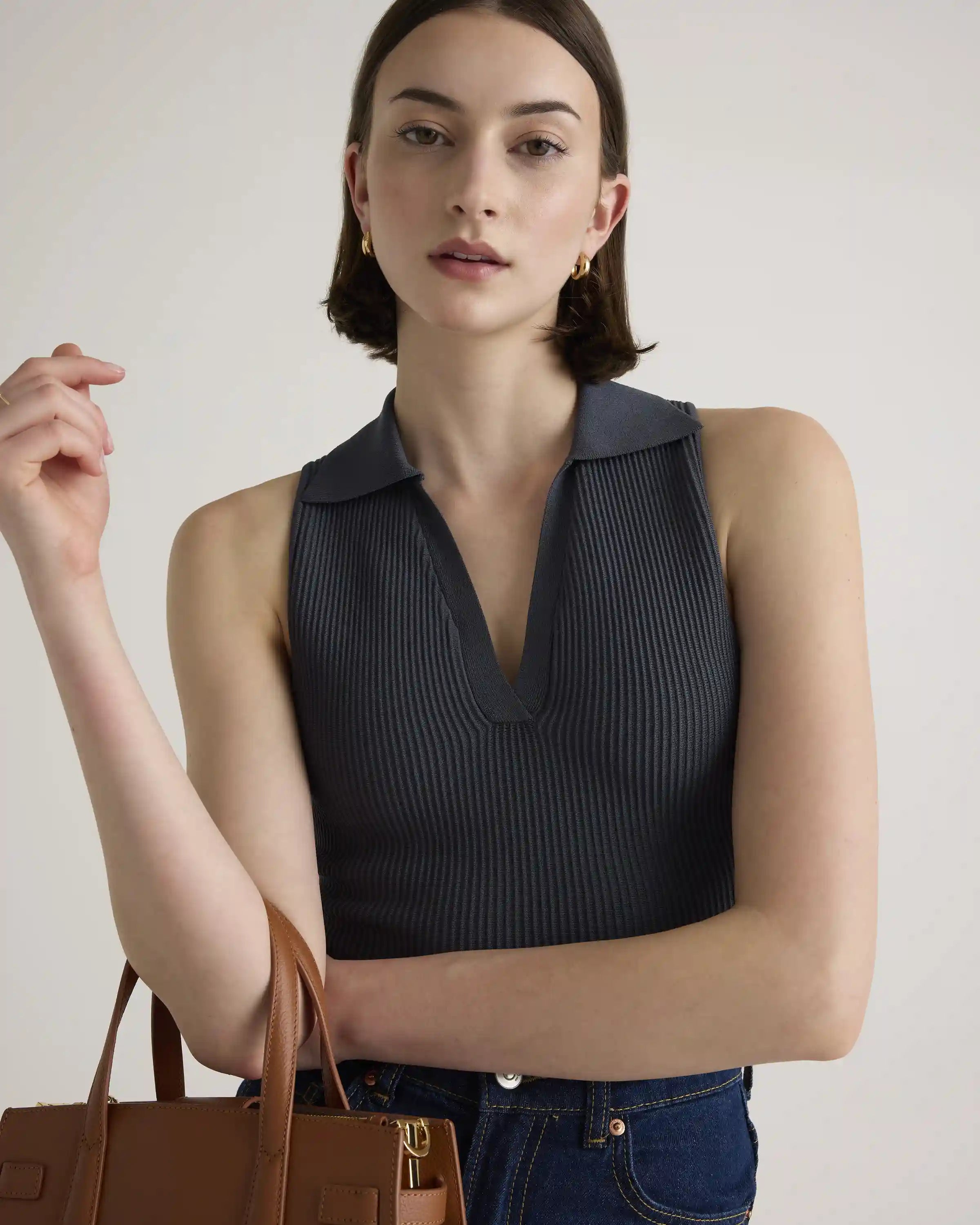 Cropped Polo Ribbed Knit Tank