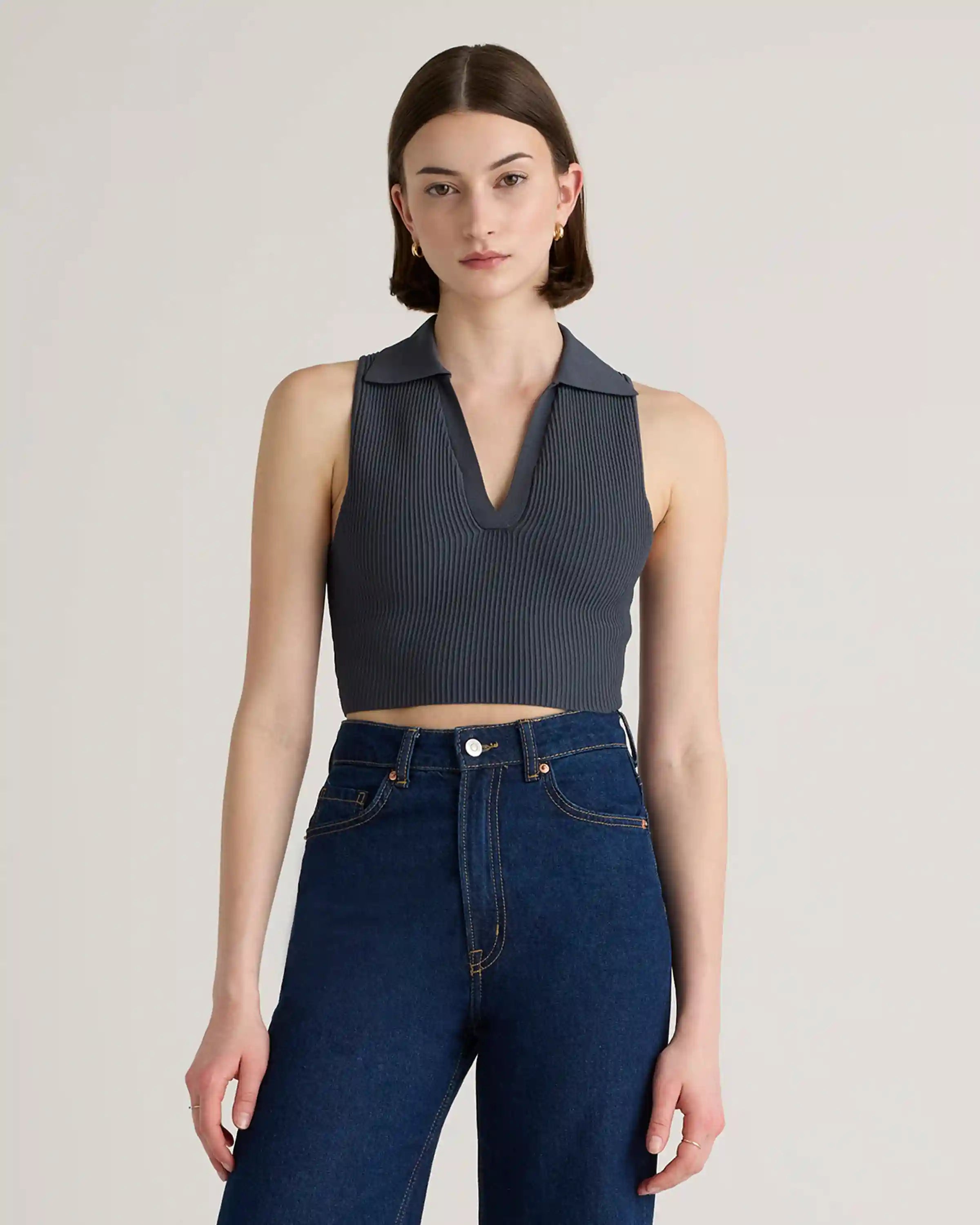 Cropped Polo Ribbed Knit Tank