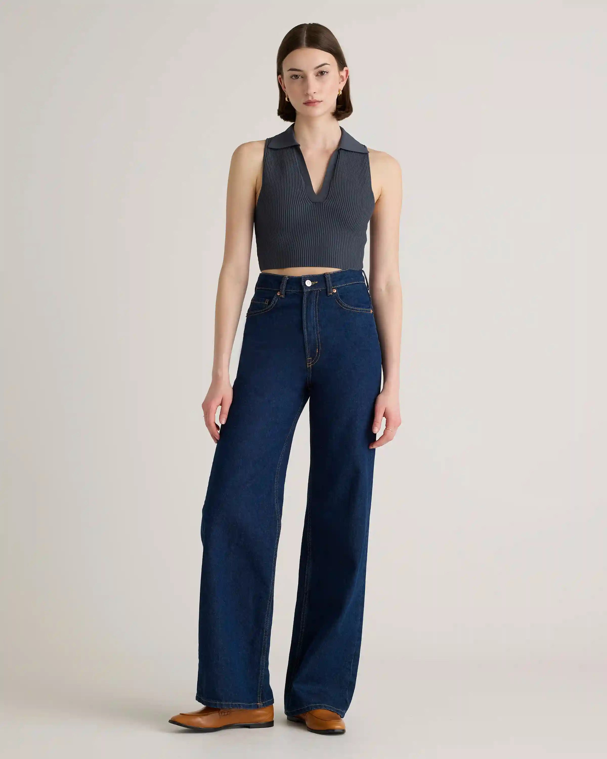 Cropped Polo Ribbed Knit Tank