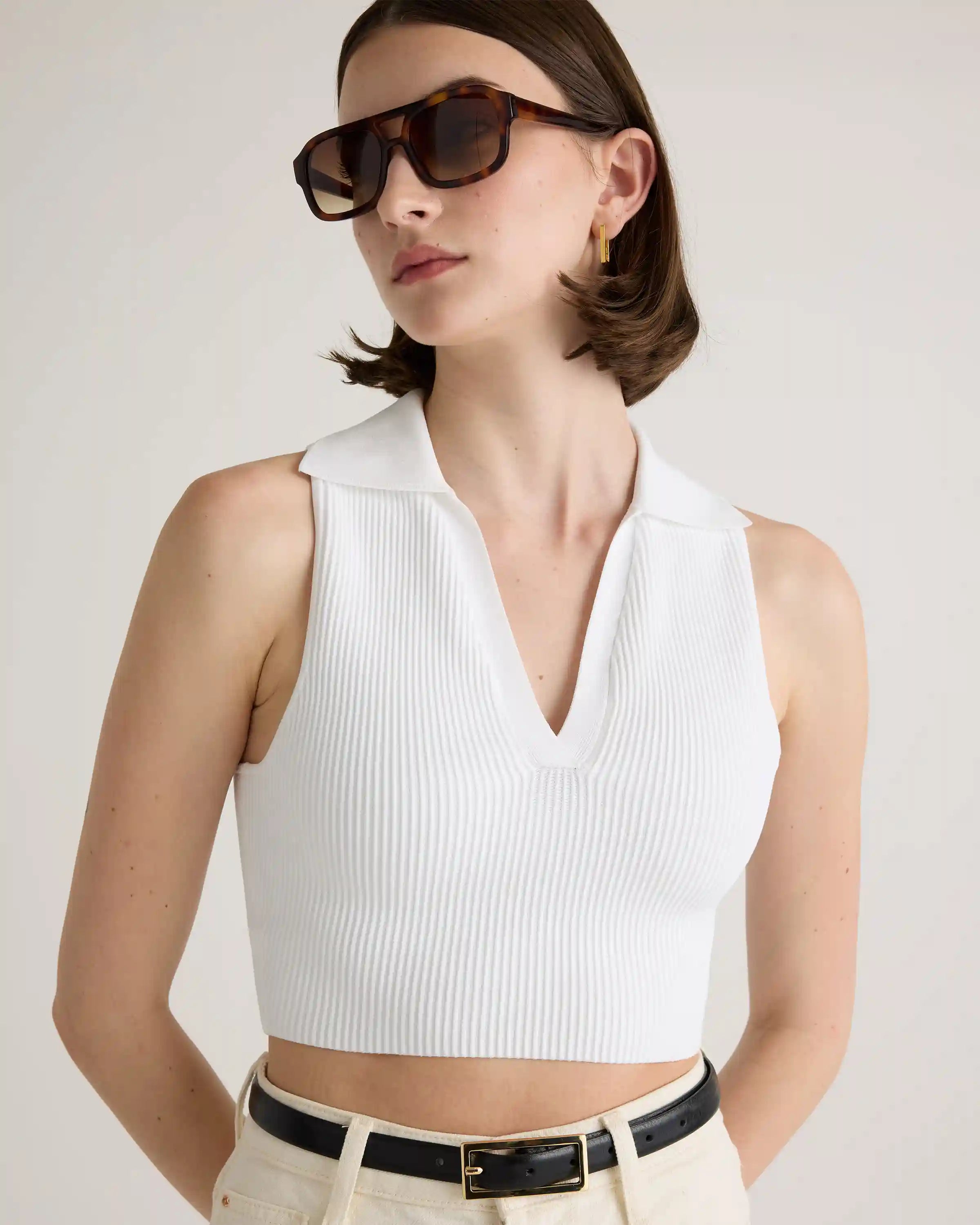 Cropped Polo Ribbed Knit Tank