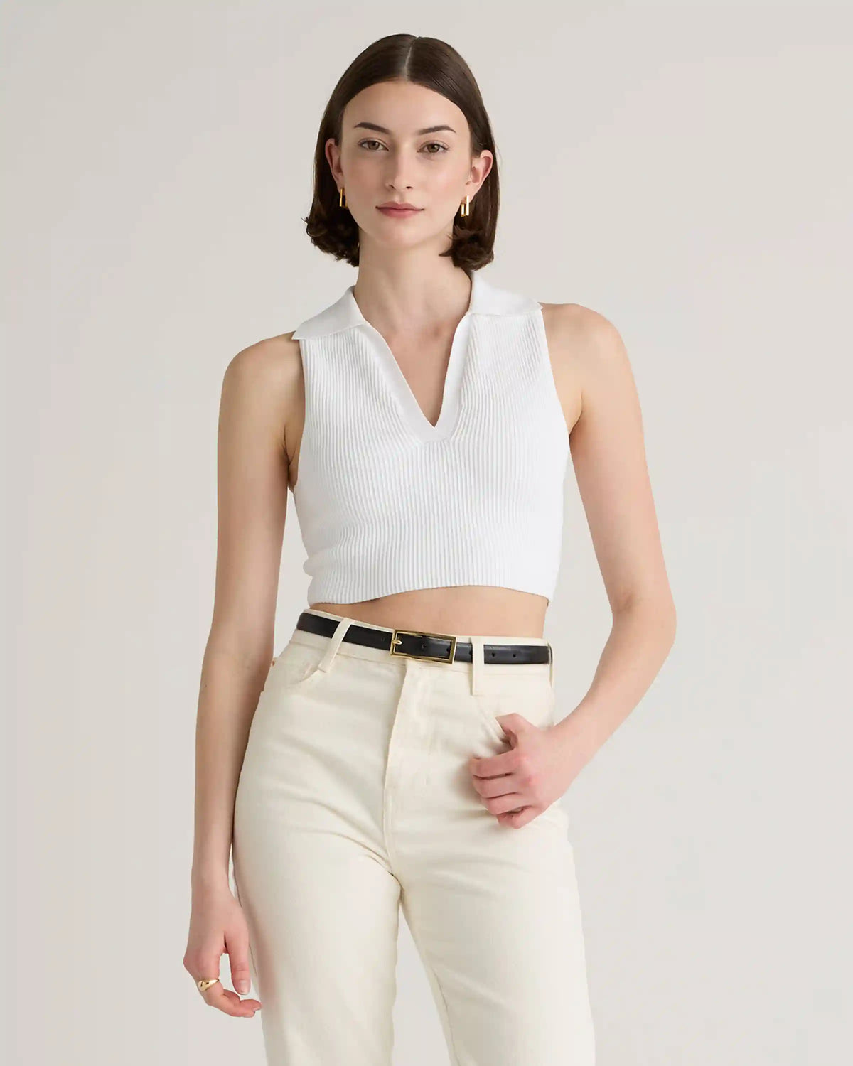 Cropped Polo Ribbed Knit Tank
