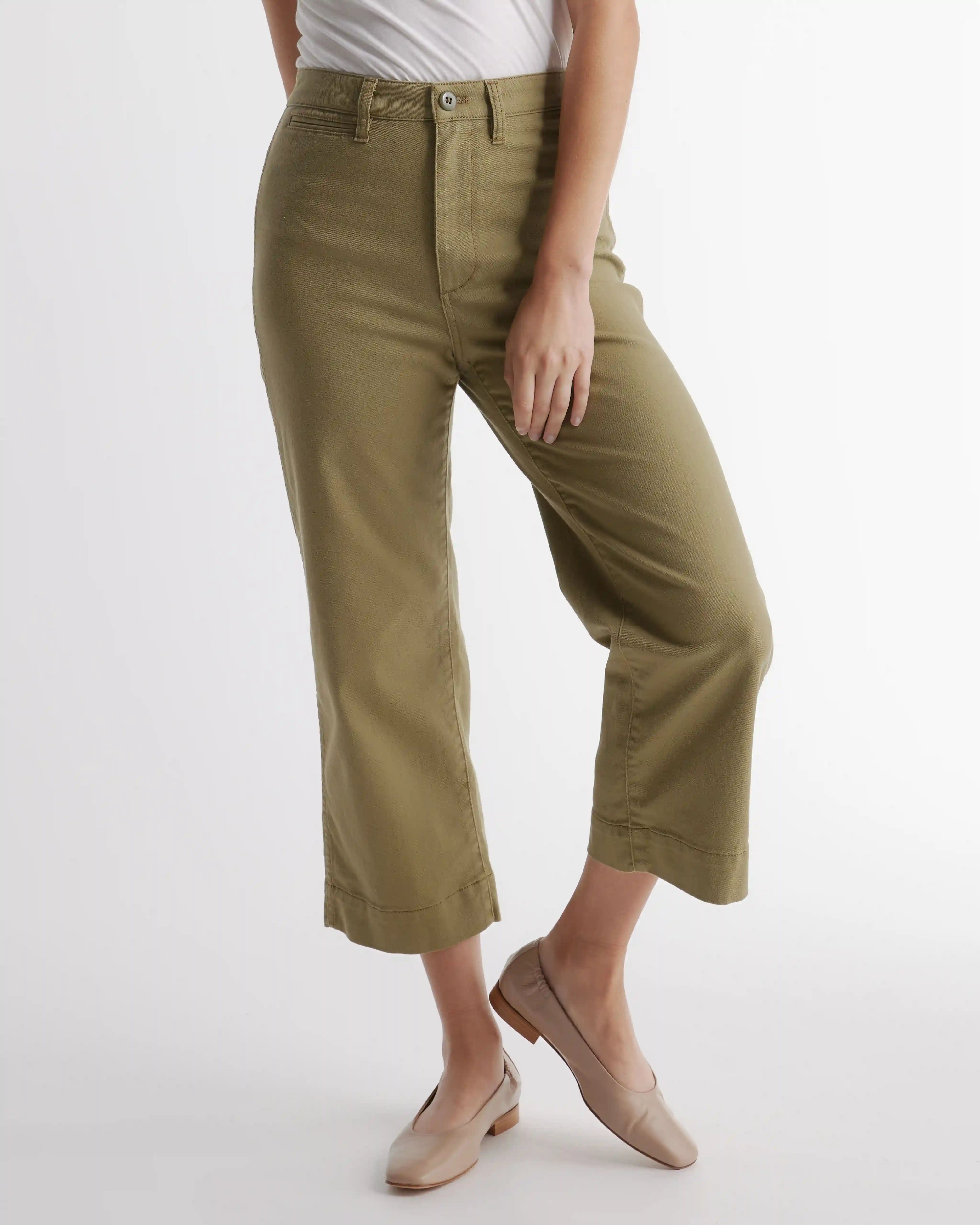 Organic Stretch Cotton Twill Wide-Leg Crop Pants