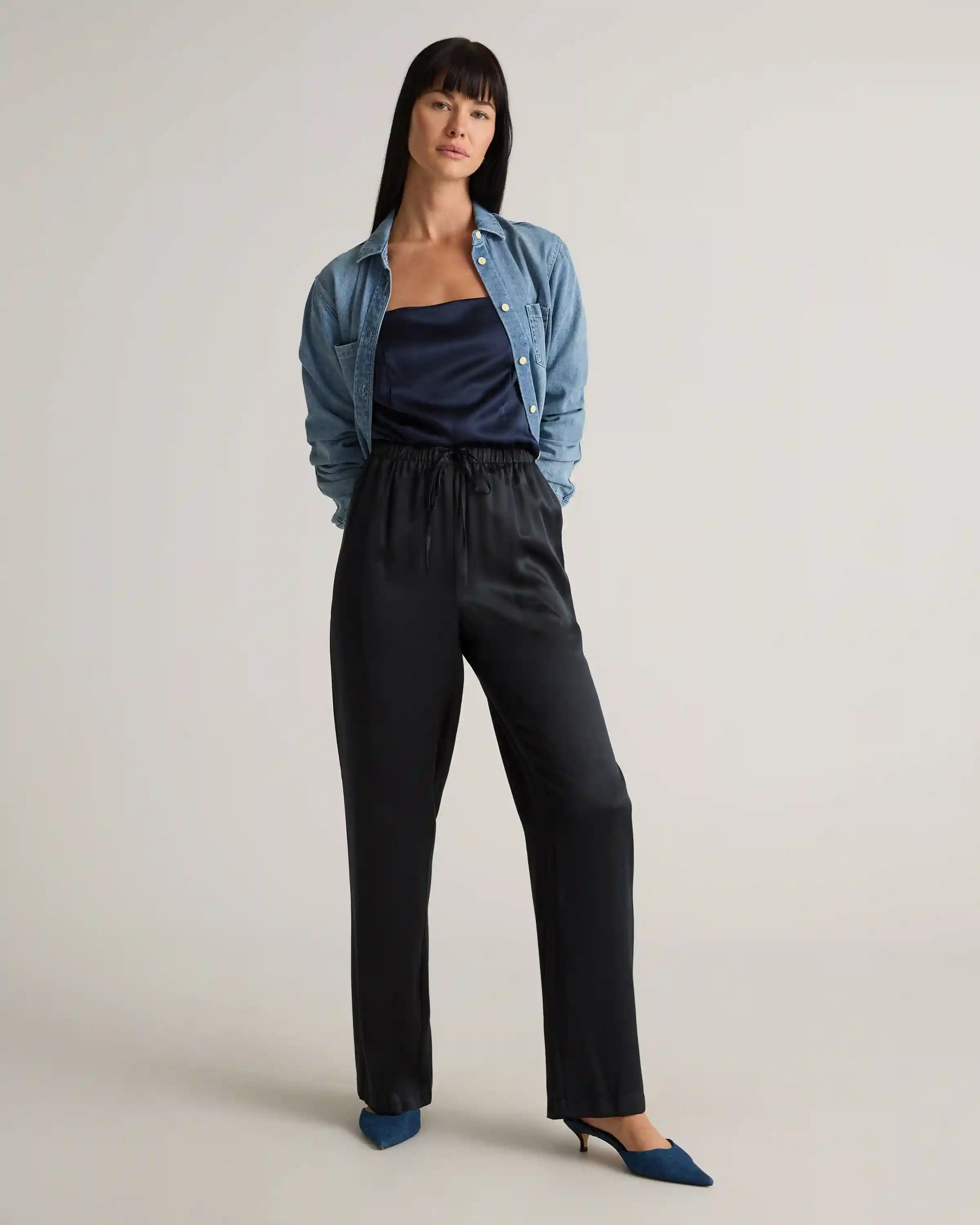 100% Washable Silk Drawstring Wide Leg Pants