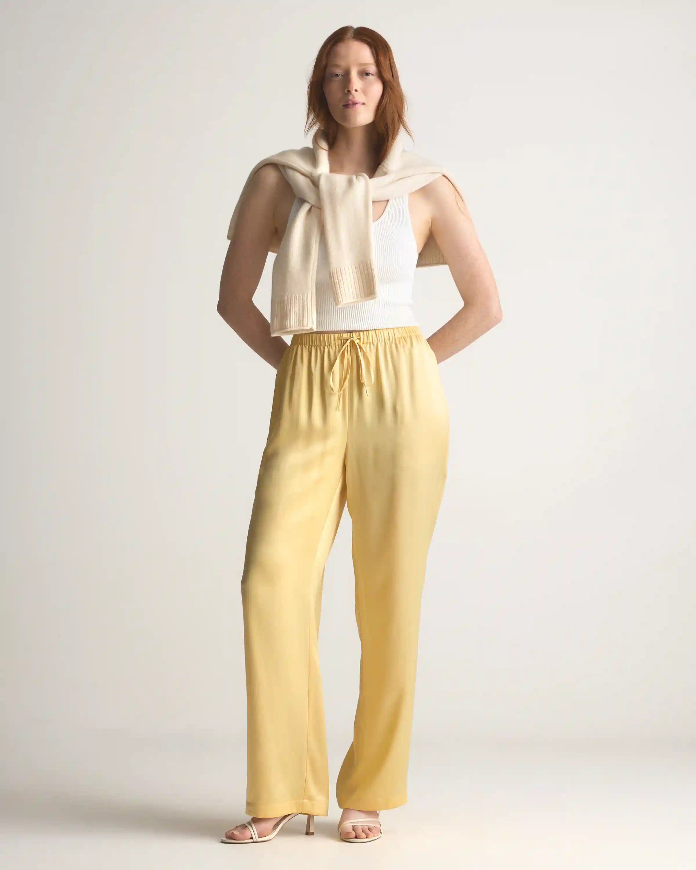 100% Washable Silk Drawstring Wide Leg Pants