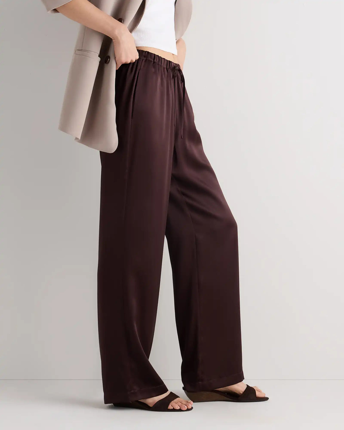 100% Washable Silk Drawstring Wide Leg Pants