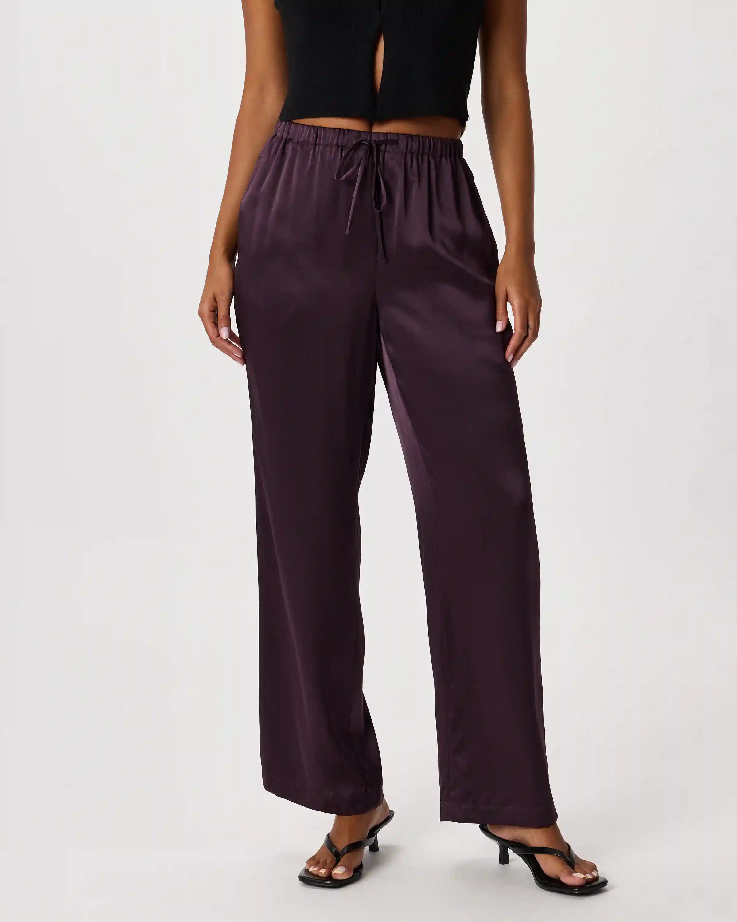 100% Washable Silk Drawstring Wide Leg Pants