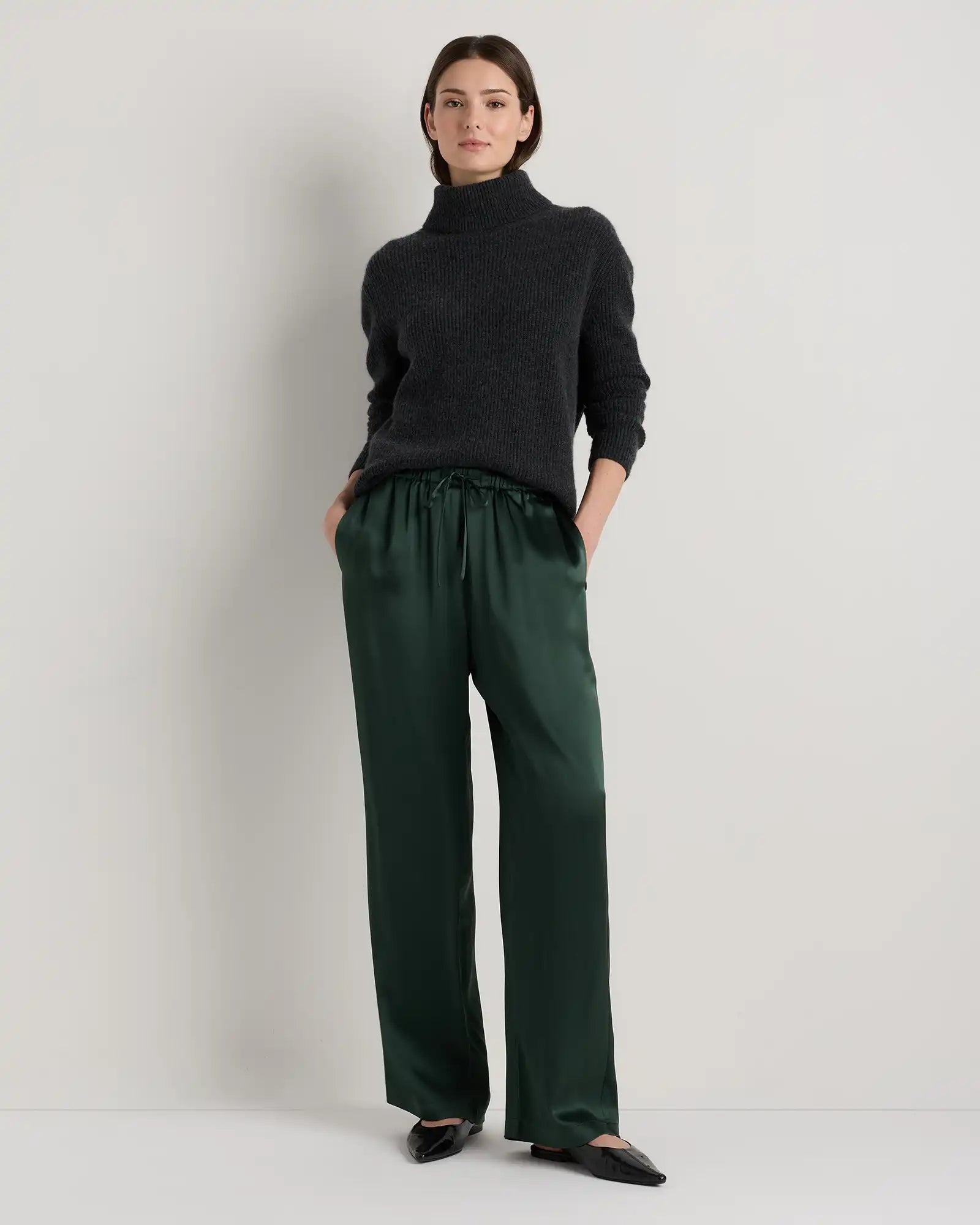 100% Washable Silk Drawstring Wide Leg Pants