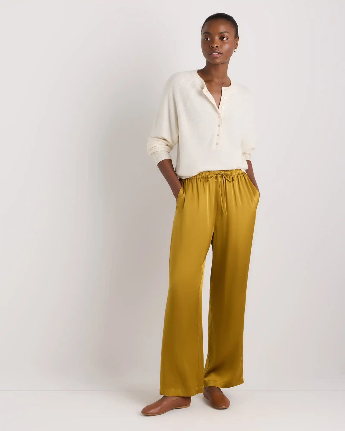 100% Washable Silk Drawstring Wide Leg Pants